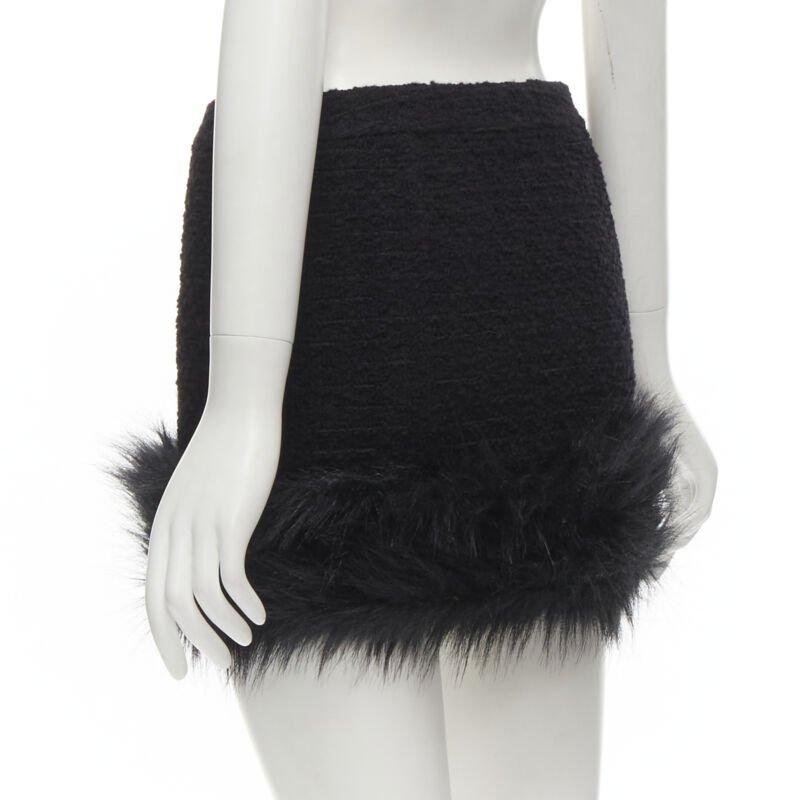 SAINT LAURENT 2022 black tweed faux fur trimmed mini skirt FR34 XS For Sale 2