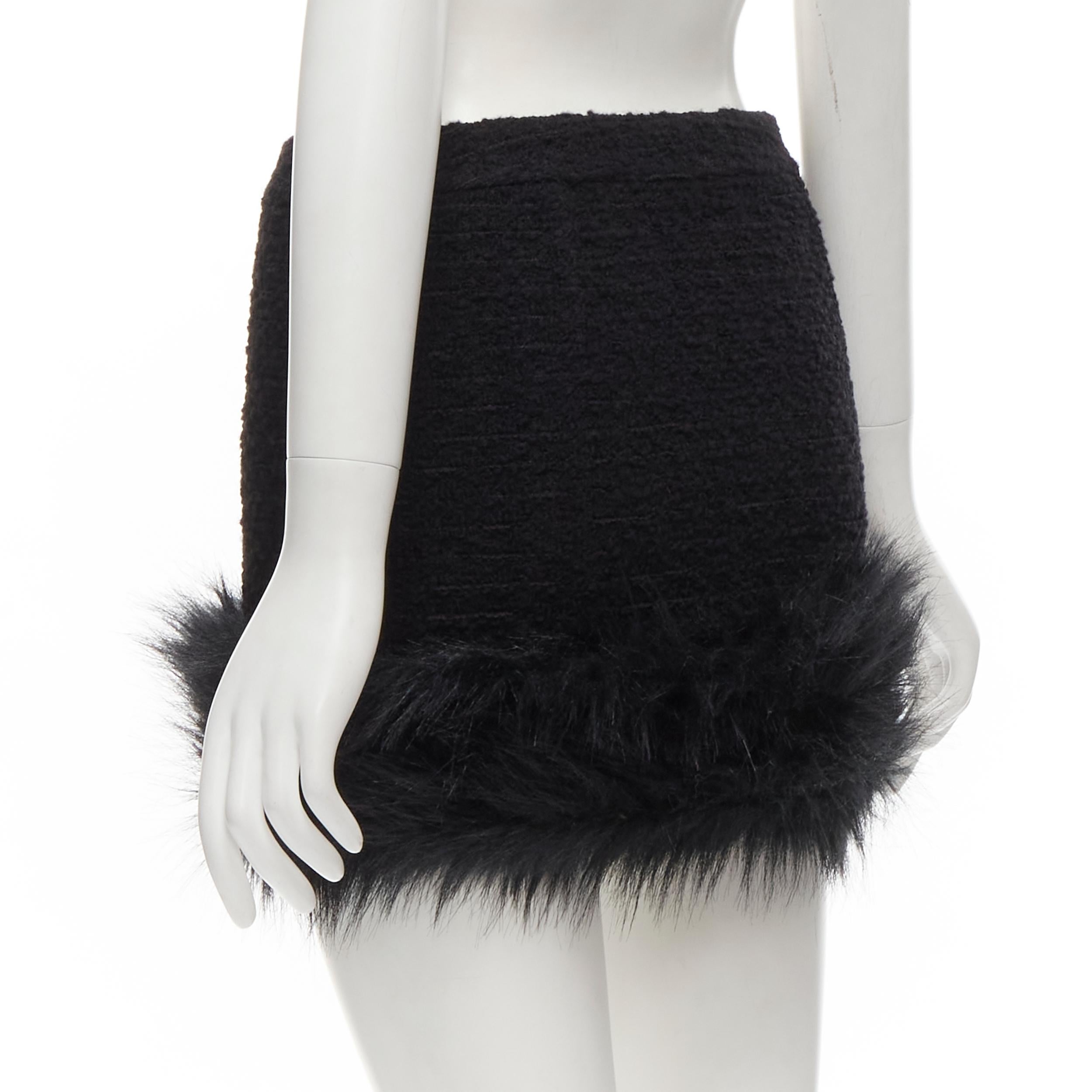 Black SAINT LAURENT 2022 black tweed faux fur trimmed mini skirt FR34 XS For Sale