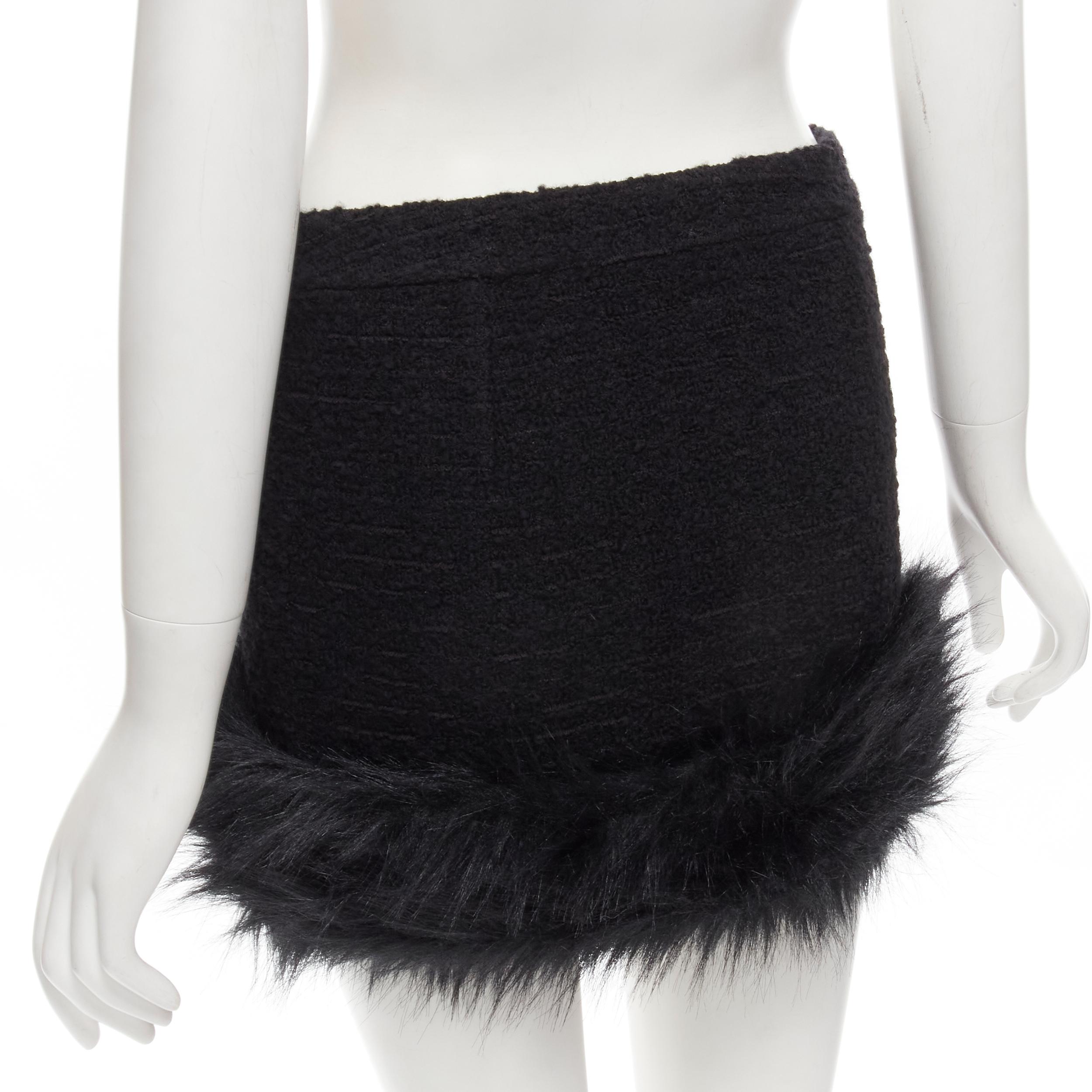Women's SAINT LAURENT 2022 black tweed faux fur trimmed mini skirt FR34 XS For Sale
