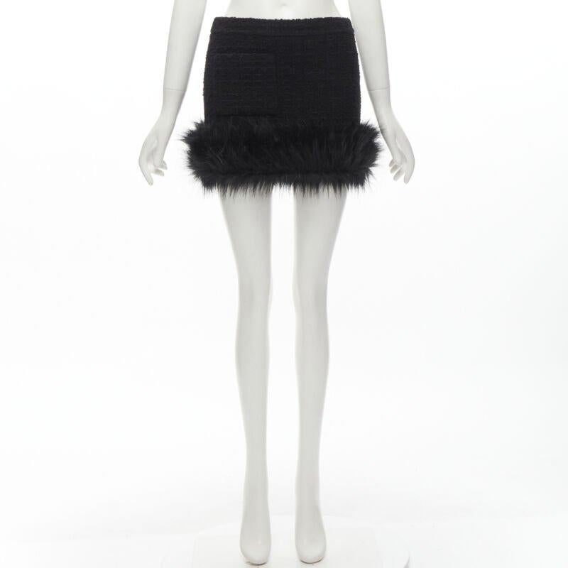SAINT LAURENT 2022 black tweed faux fur trimmed mini skirt FR34 XS For Sale 5