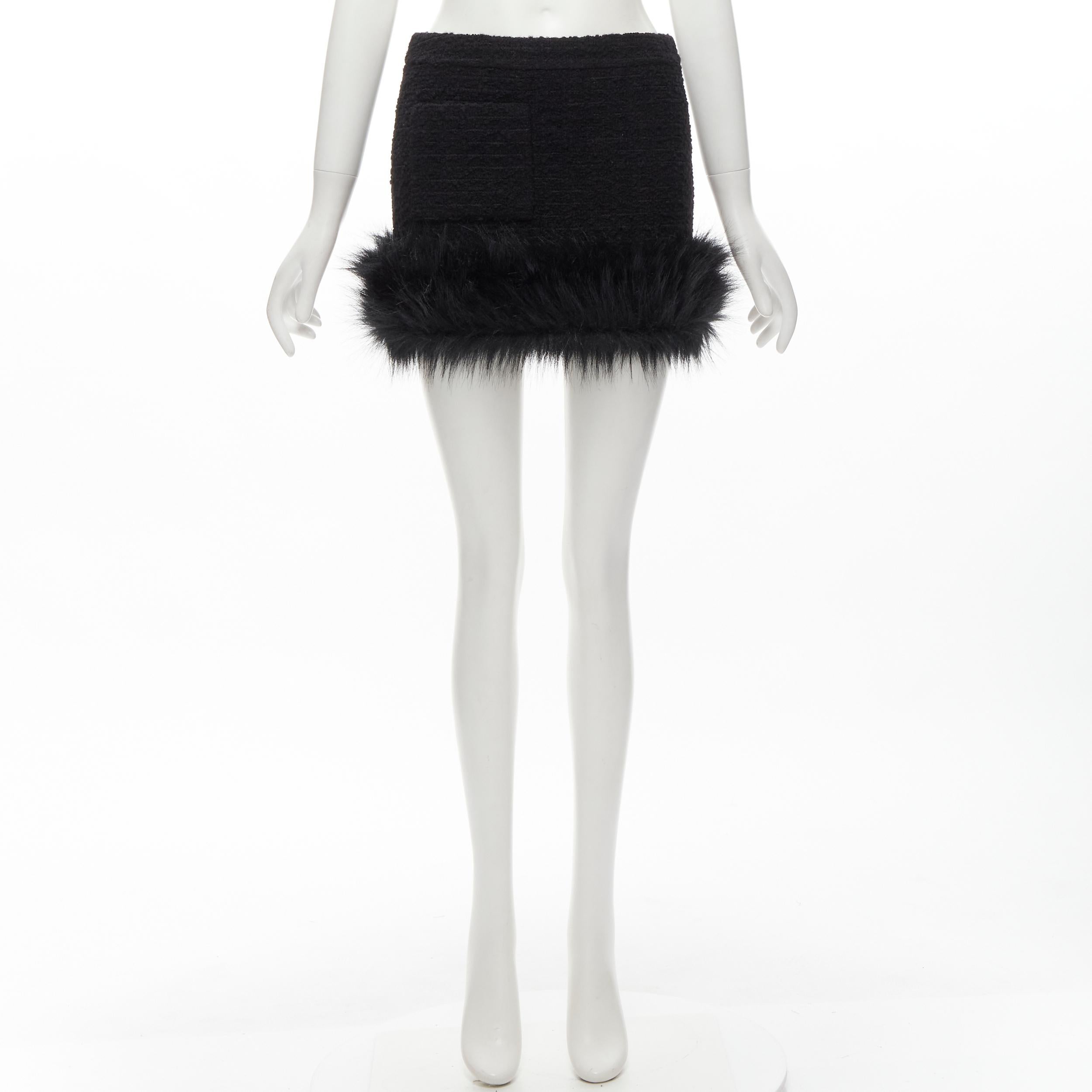 SAINT LAURENT 2022 black tweed faux fur trimmed mini skirt FR34 XS For Sale 2