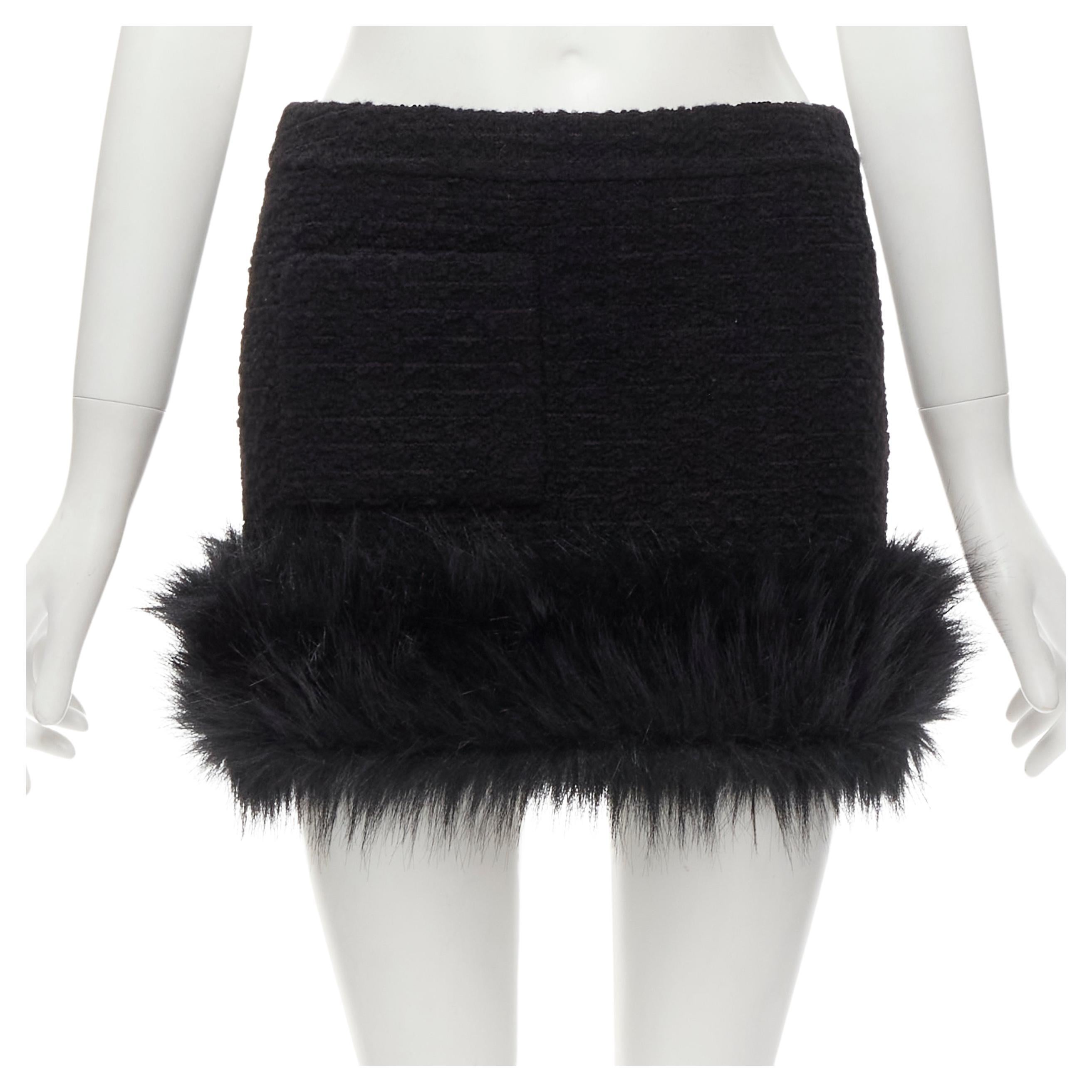 SAINT LAURENT 2022 black tweed faux fur trimmed mini skirt FR34 XS For Sale