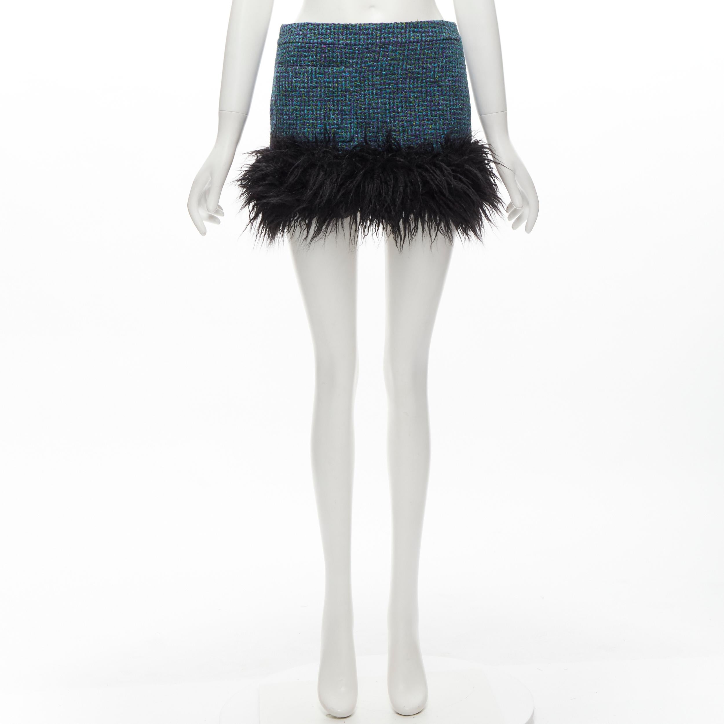 SAINT LAURENT 2022 blue tweed faux fur trim mini skirt FR34 XS 5