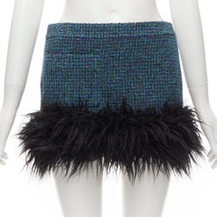 SAINT LAURENT 2022 blue tweed faux fur trim mini skirt FR34 XS