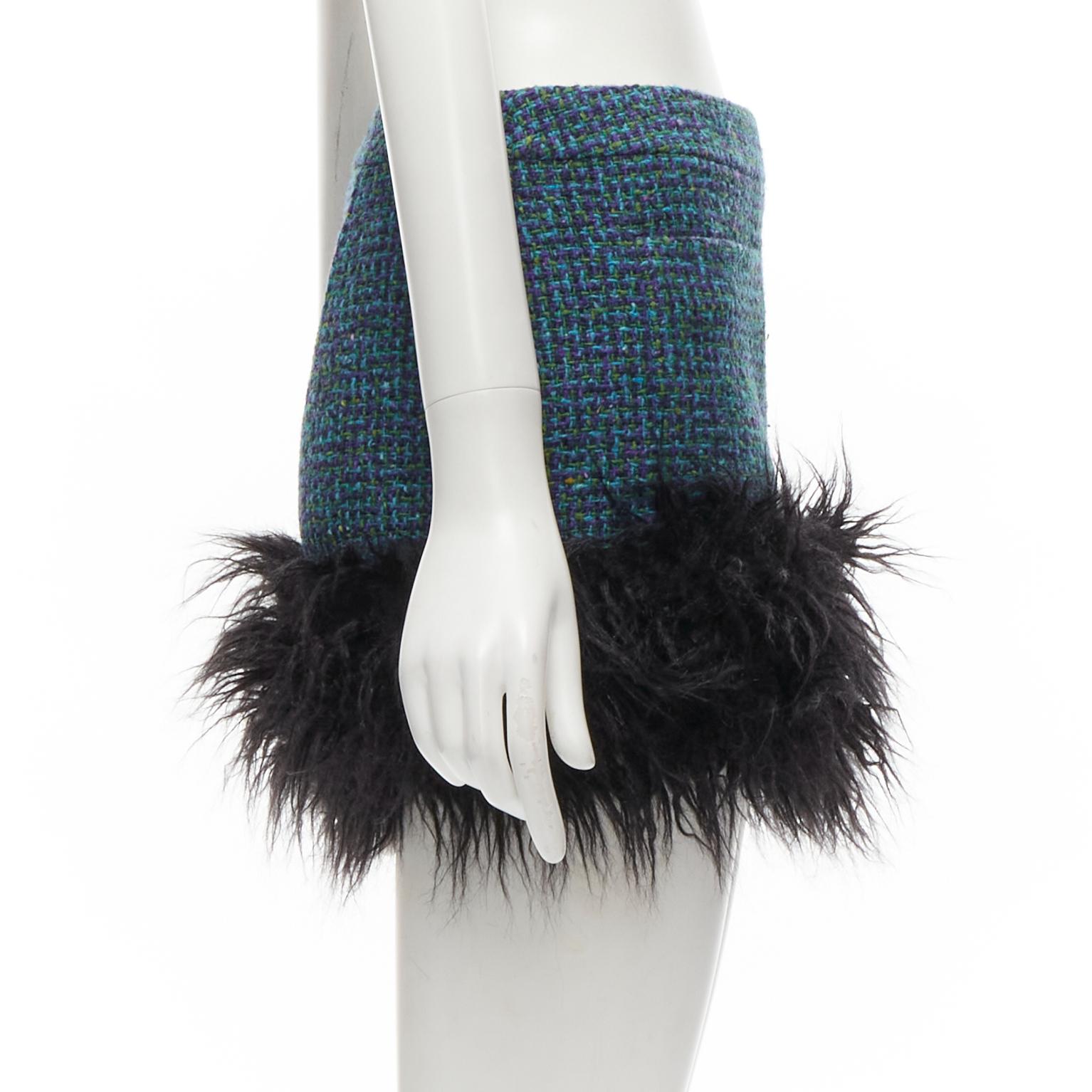 Black SAINT LAURENT 2022 blue tweed faux fur trim mini skirt FR38 M For Sale