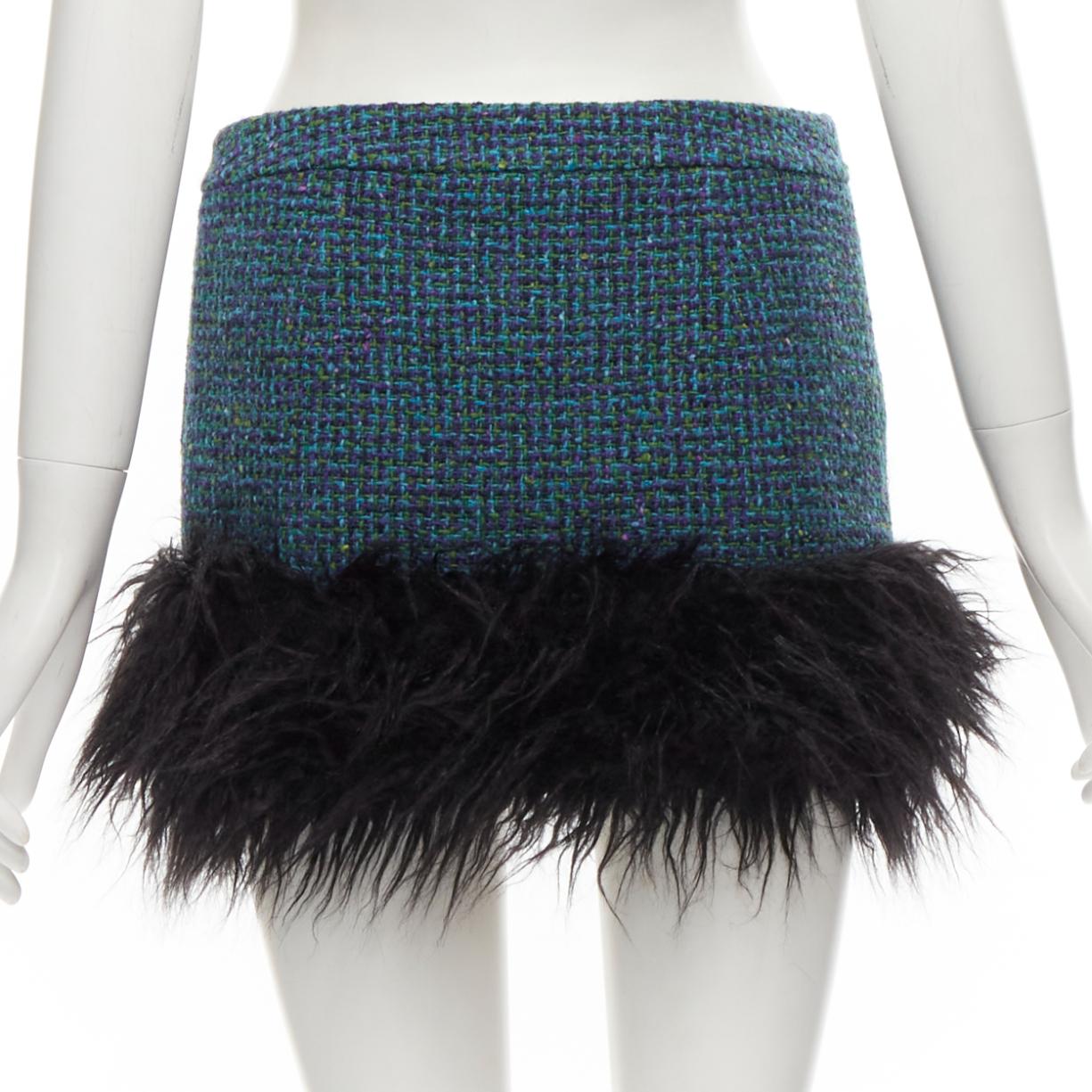 Women's SAINT LAURENT 2022 blue tweed faux fur trim mini skirt FR38 M For Sale
