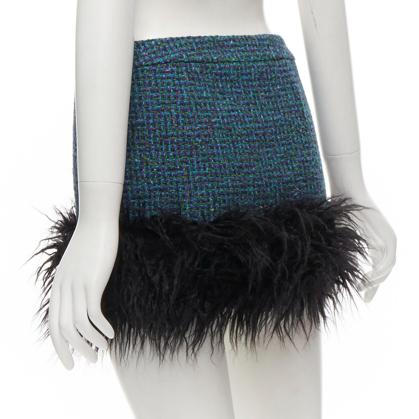 SAINT LAURENT 2022 blue tweed faux fur trim mini skirt FR38 M For Sale 1