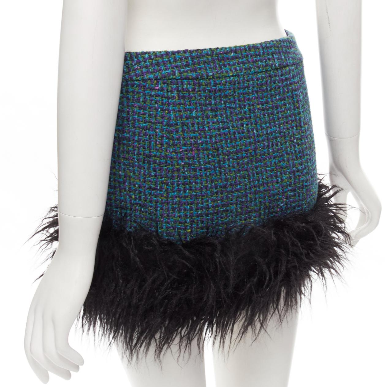 SAINT LAURENT 2022 blue tweed faux fur trim mini skirt FR38 M For Sale 3