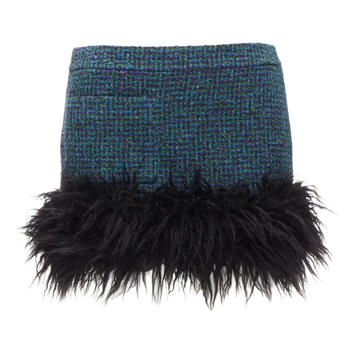 SAINT LAURENT 2022 blue tweed faux fur trim mini skirt FR38 M For Sale
