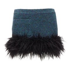 SAINT LAURENT 2022 blue tweed faux fur trim mini skirt FR38 M