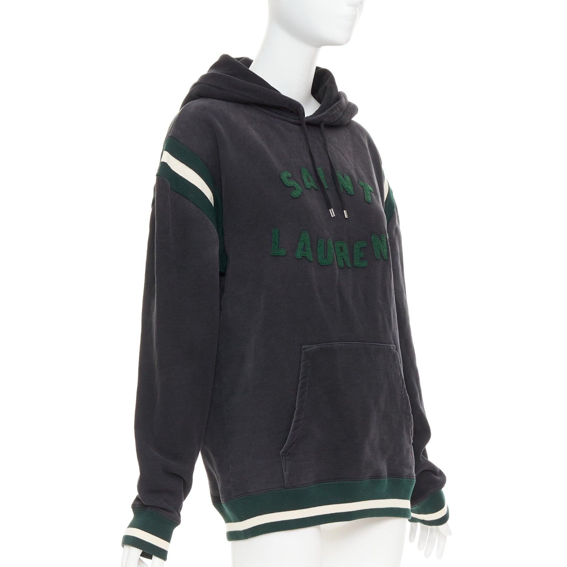 Gray SAINT LAURENT 2022 grey washed cotton green alpaca logo patch varsity hoodie XS For Sale
