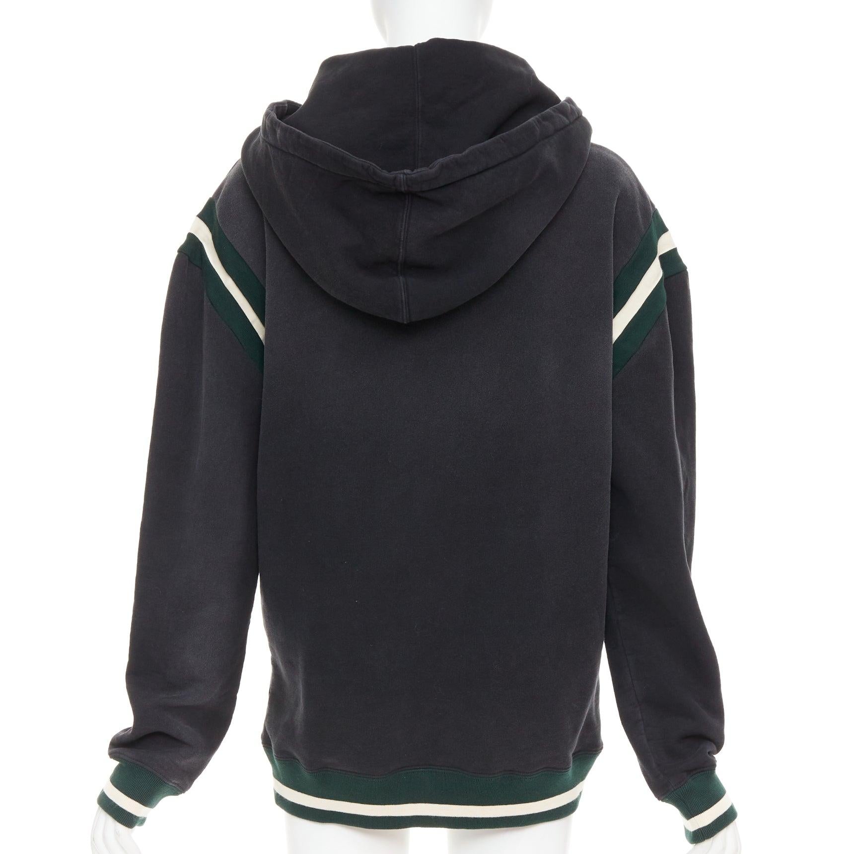 SAINT LAURENT 2022 grey washed cotton green alpaca logo patch varsity hoodie XS For Sale 1