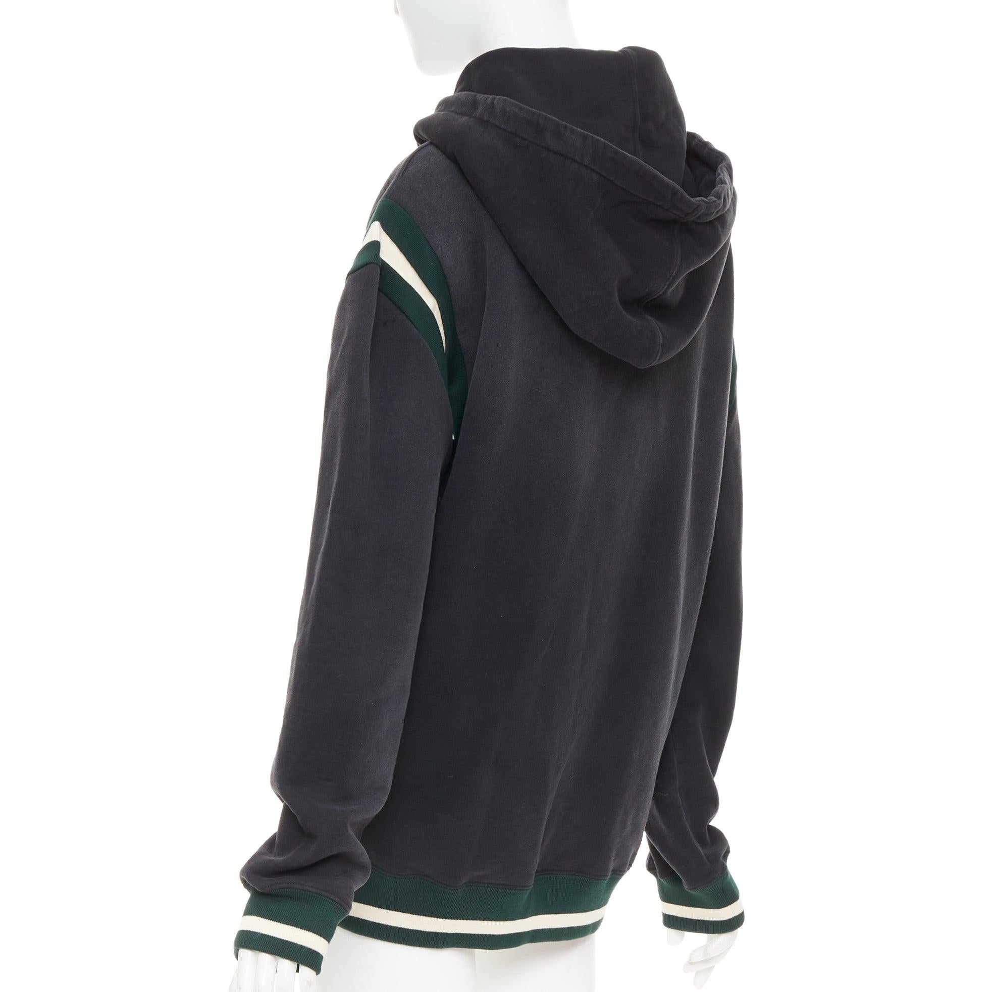 SAINT LAURENT 2022 grey washed cotton green alpaca logo patch varsity hoodie XS For Sale 2