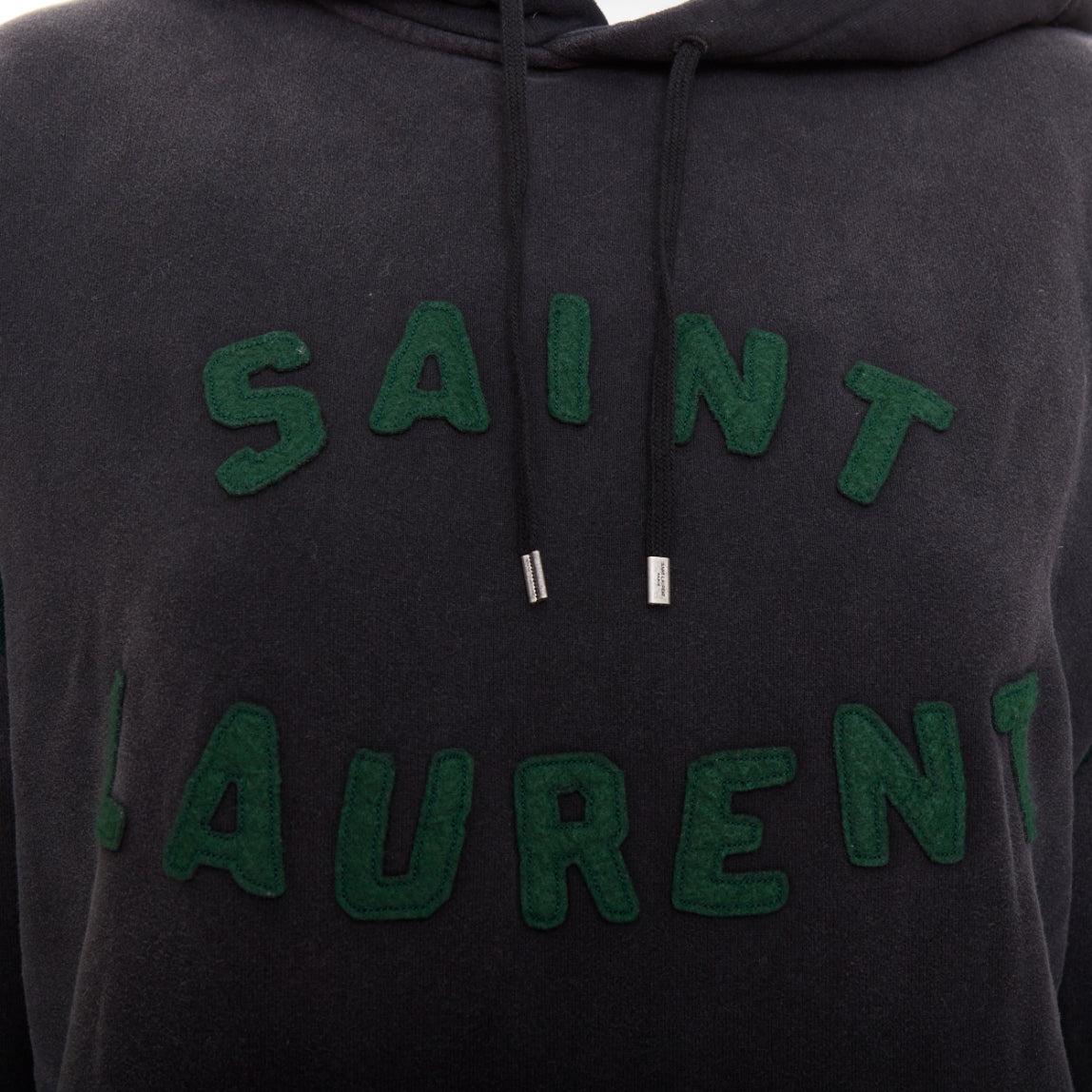 SAINT LAURENT 2022 grey washed cotton green alpaca logo patch varsity hoodie XS For Sale 3