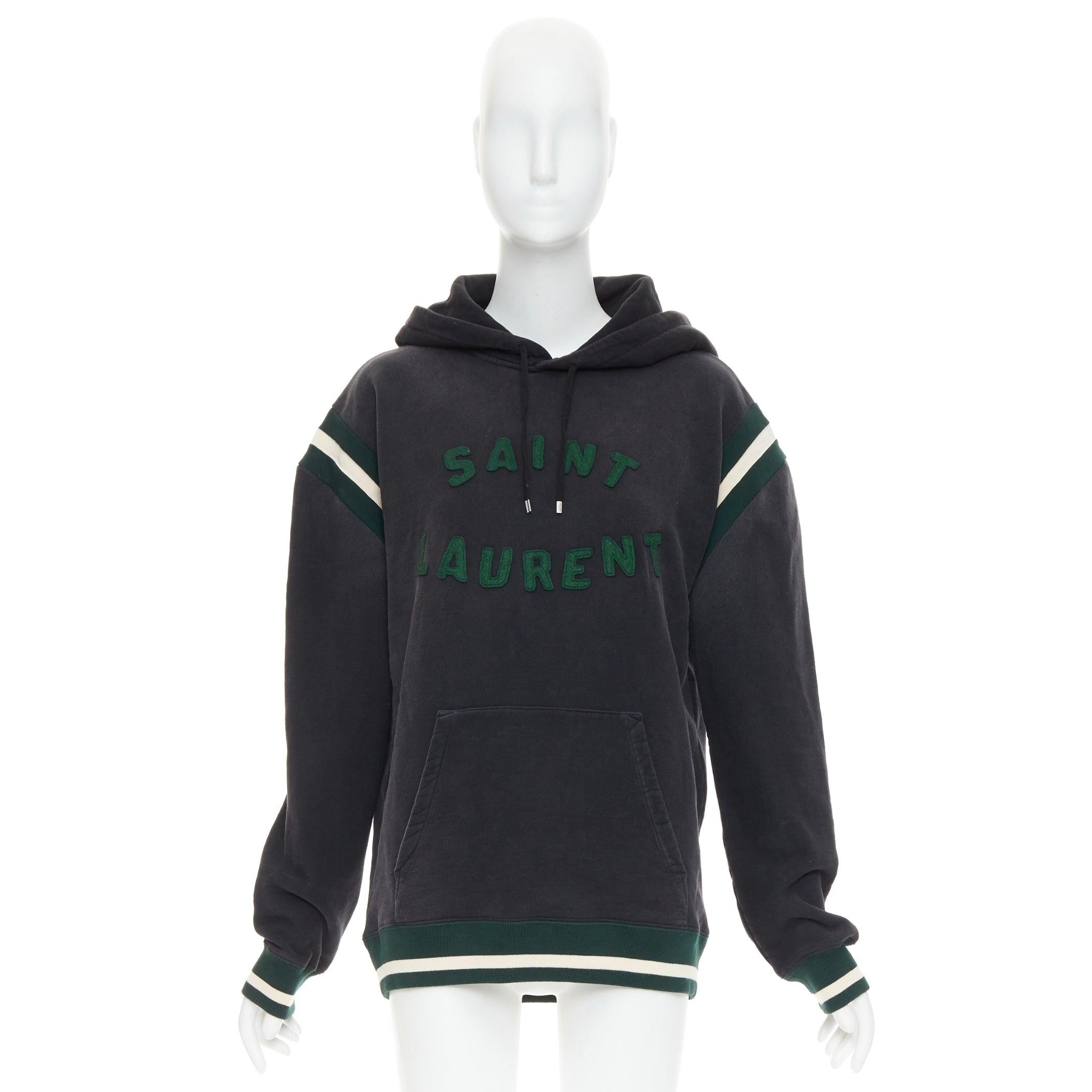 SAINT LAURENT 2022 grey washed cotton green alpaca logo patch varsity hoodie XS For Sale 5