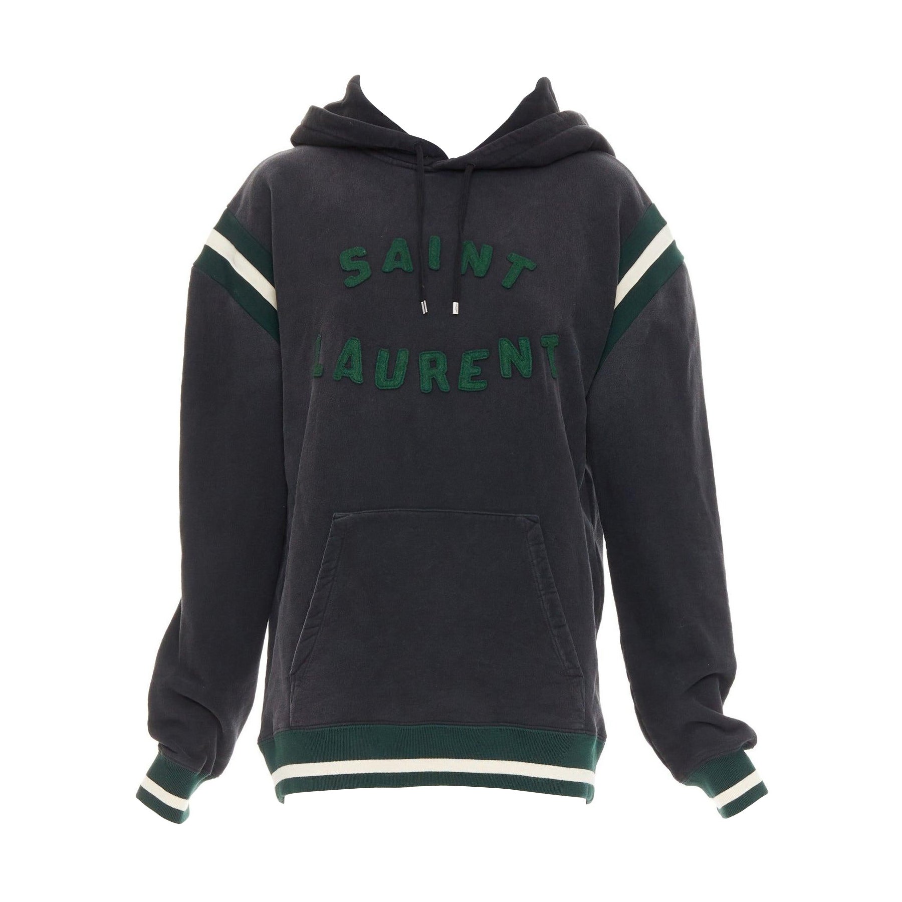 SAINT LAURENT 2022 grey washed cotton green alpaca logo patch varsity hoodie XS For Sale