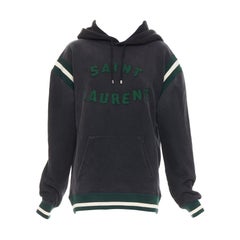 SAINT LAURENT 2022 grey washed cotton green alpaca logo patch varsity hoodie XS