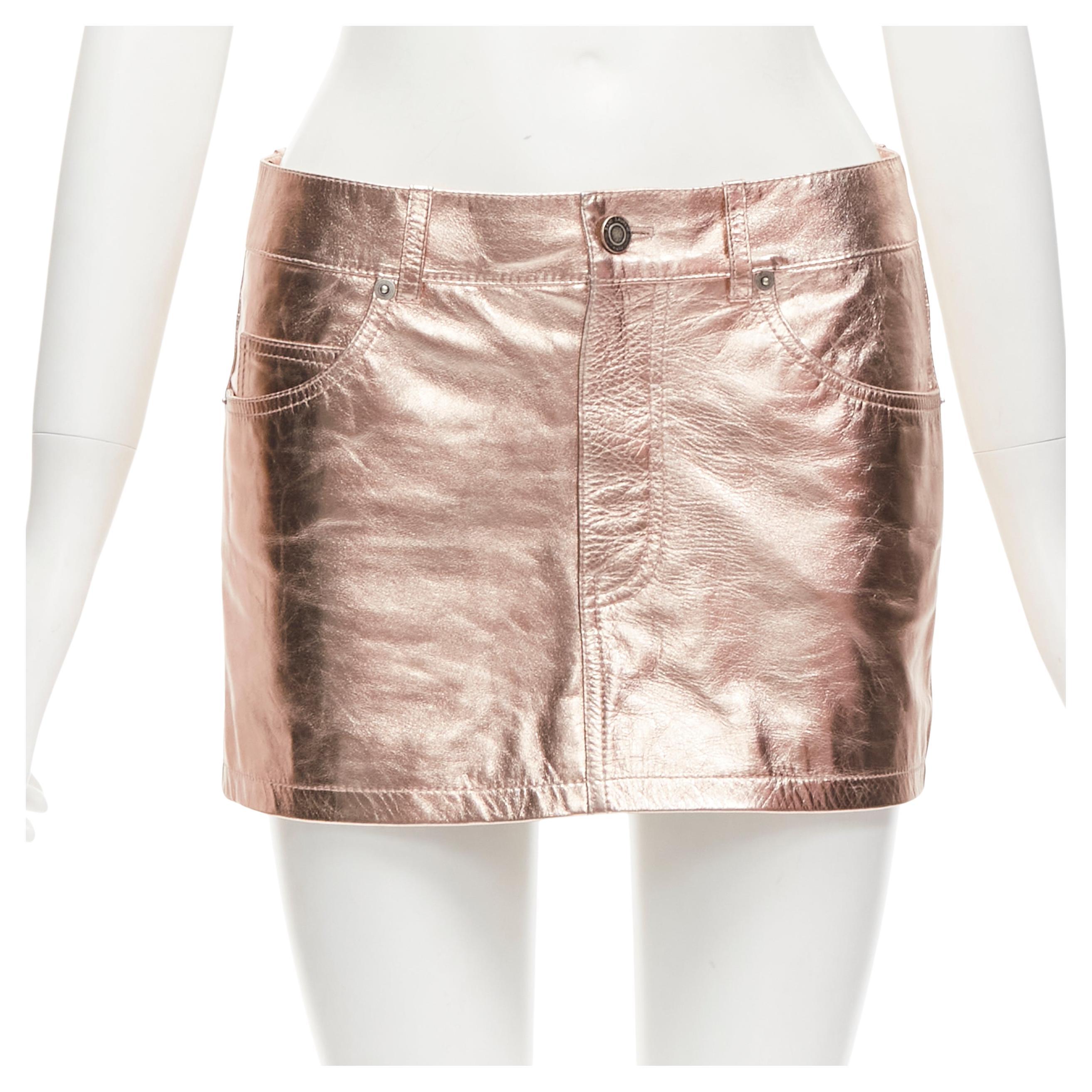 SAINT LAURENT - Mini-jupe en cuir véritable cuivre métallisé FR36 S, 2022 en vente