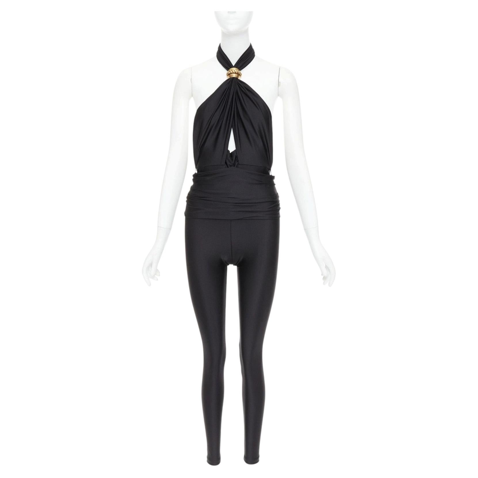 SAINT LAURENT 2022 Runway black gold metal brooch halter cutout jumpsuit Sz.1 XS