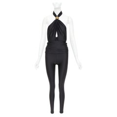 SAINT LAURENT 2022 Runway black gold metal brooch halter cutout jumpsuit Sz.1 XS