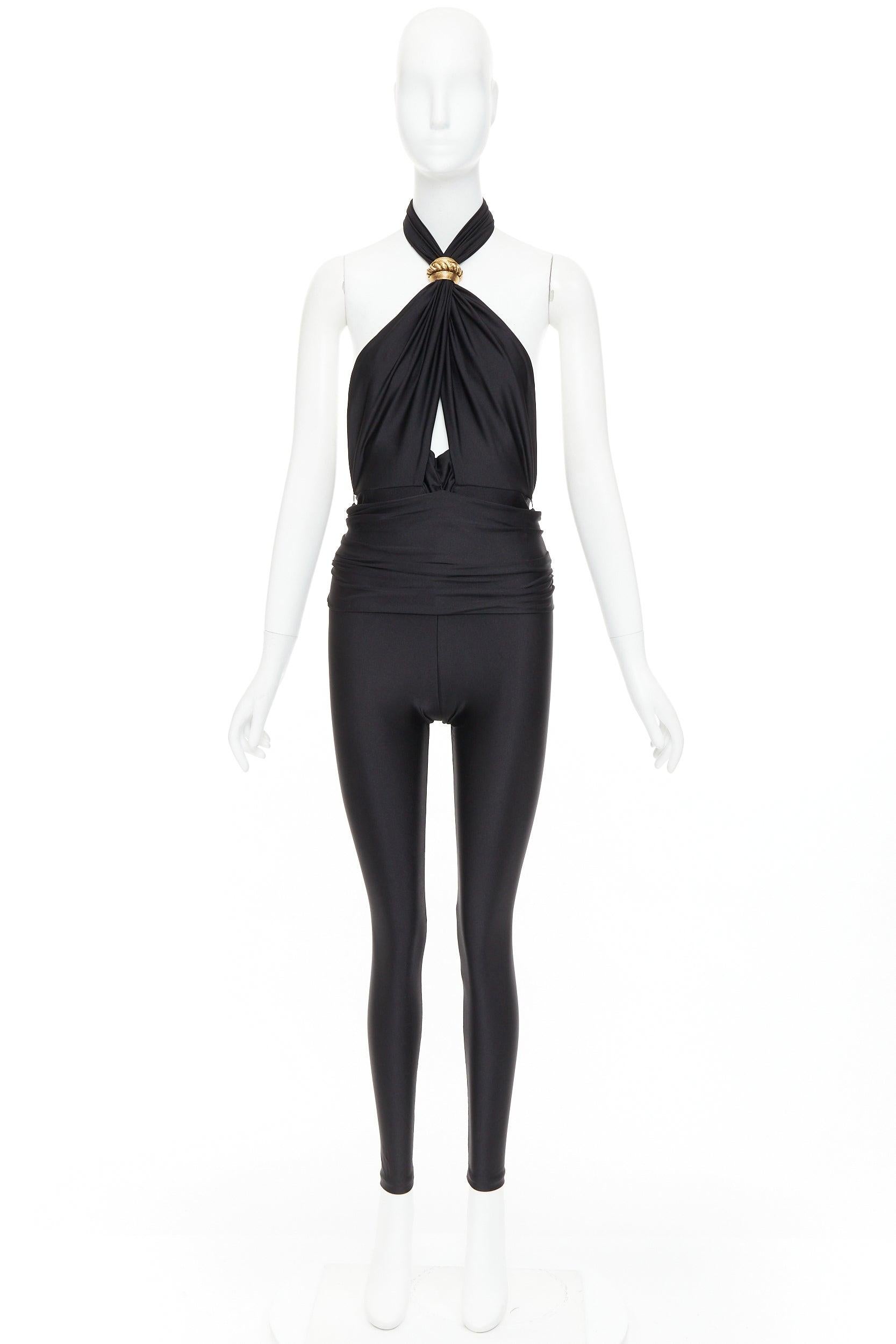 SAINT LAURENT 2022 Runway black gold metal brooch halter cutout jumpsuit Sz.2 M en venta 6