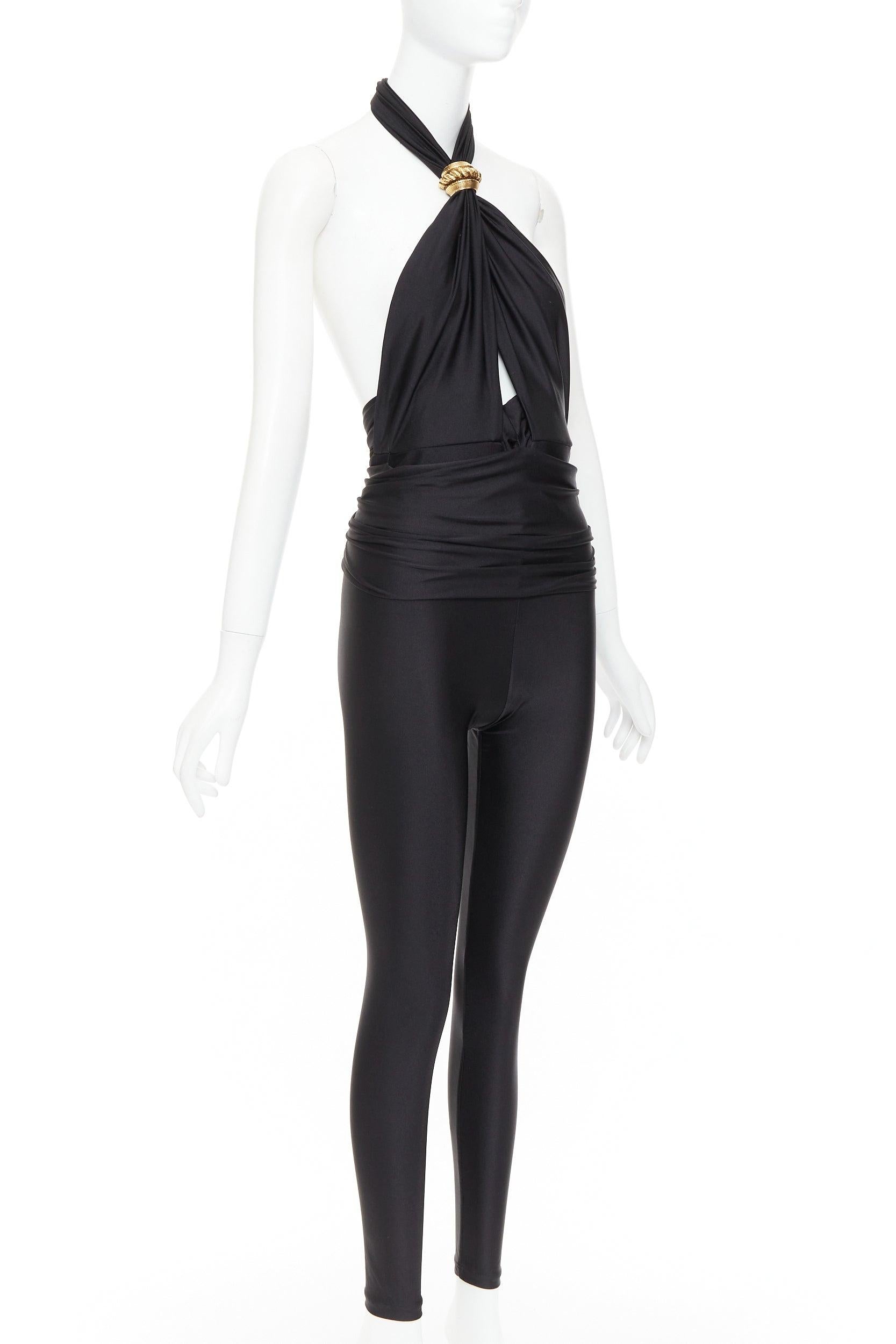 SAINT LAURENT 2022 Runway black gold metal brooch halter cutout jumpsuit Sz.2 M Negro en venta