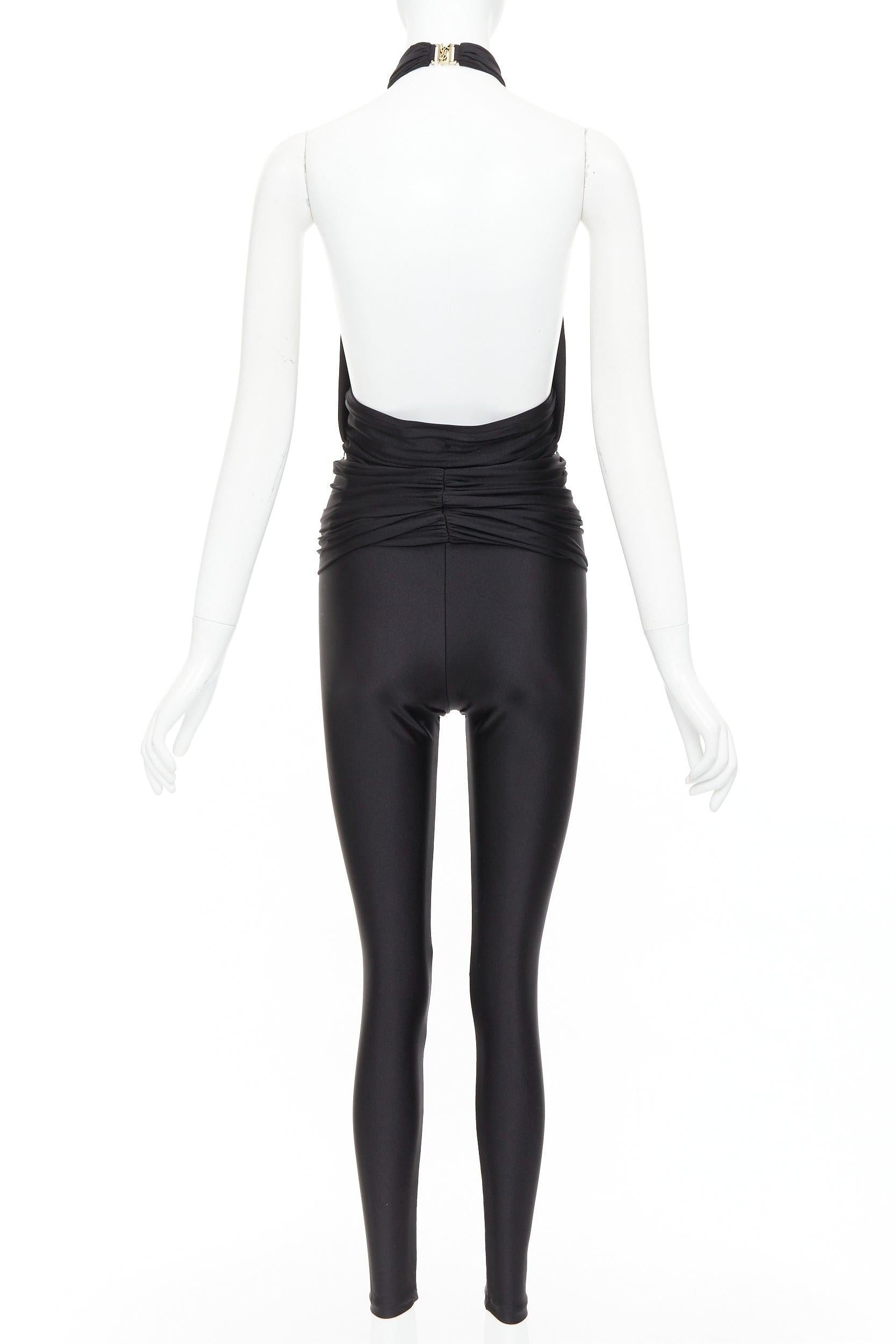 SAINT LAURENT 2022 Runway black gold metal brooch halter cutout jumpsuit Sz.2 M en venta 1