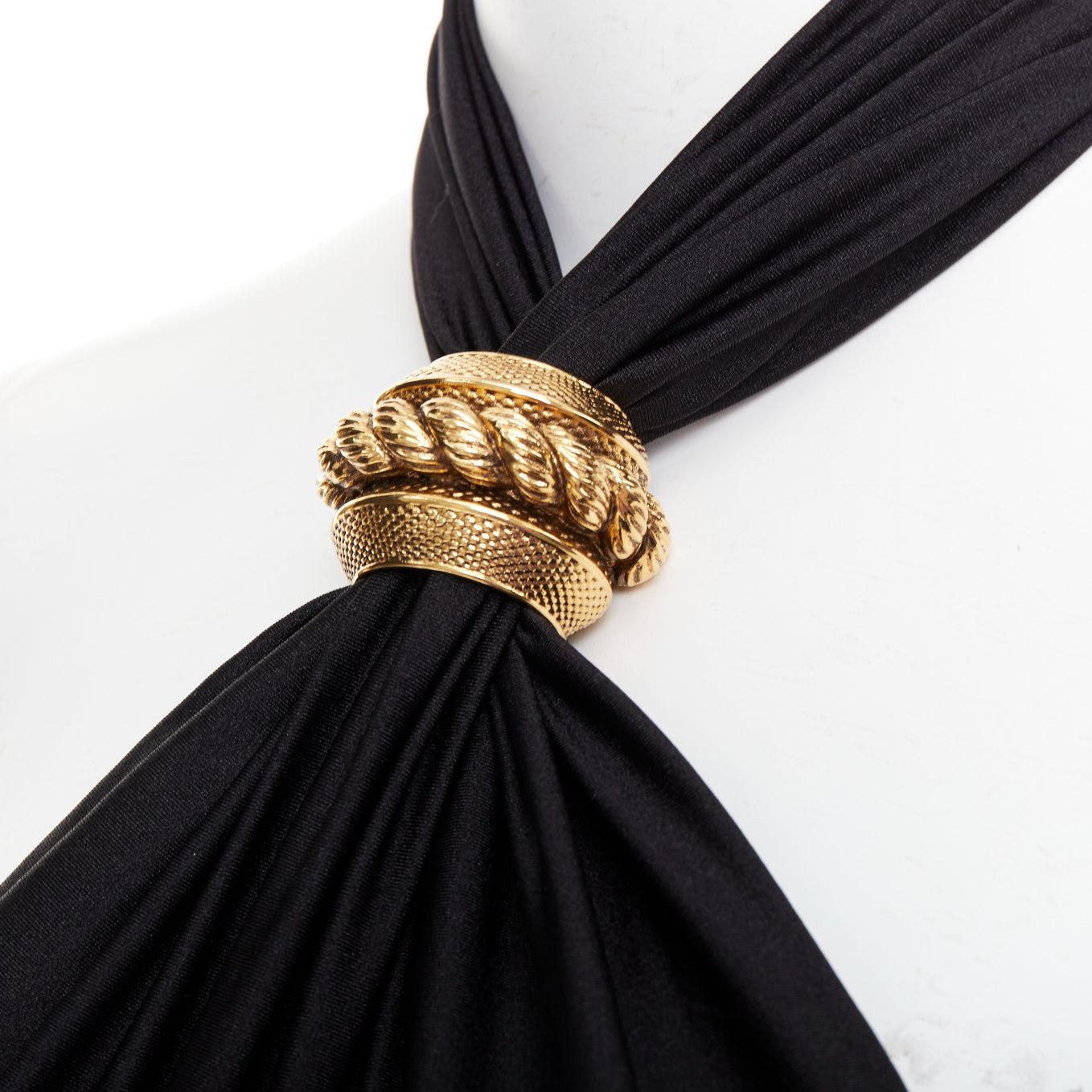 SAINT LAURENT 2022 Runway black gold metal brooch halter cutout jumpsuit Sz.2 M en venta 3