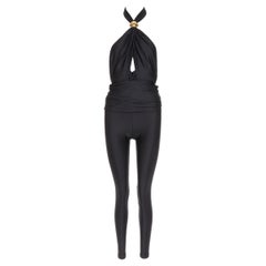 SAINT LAURENT 2022 Runway black gold metal brooch halter cutout jumpsuit Sz.2 M