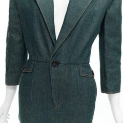 SAINT LAURENT 2022 Runway blue denim pocketed power shoulder jumpsuit FR34 XS