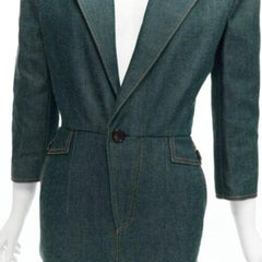 SAINT LAURENT 2022 Runway blue denim pocketed power shoulder jumpsuit FR34 XS