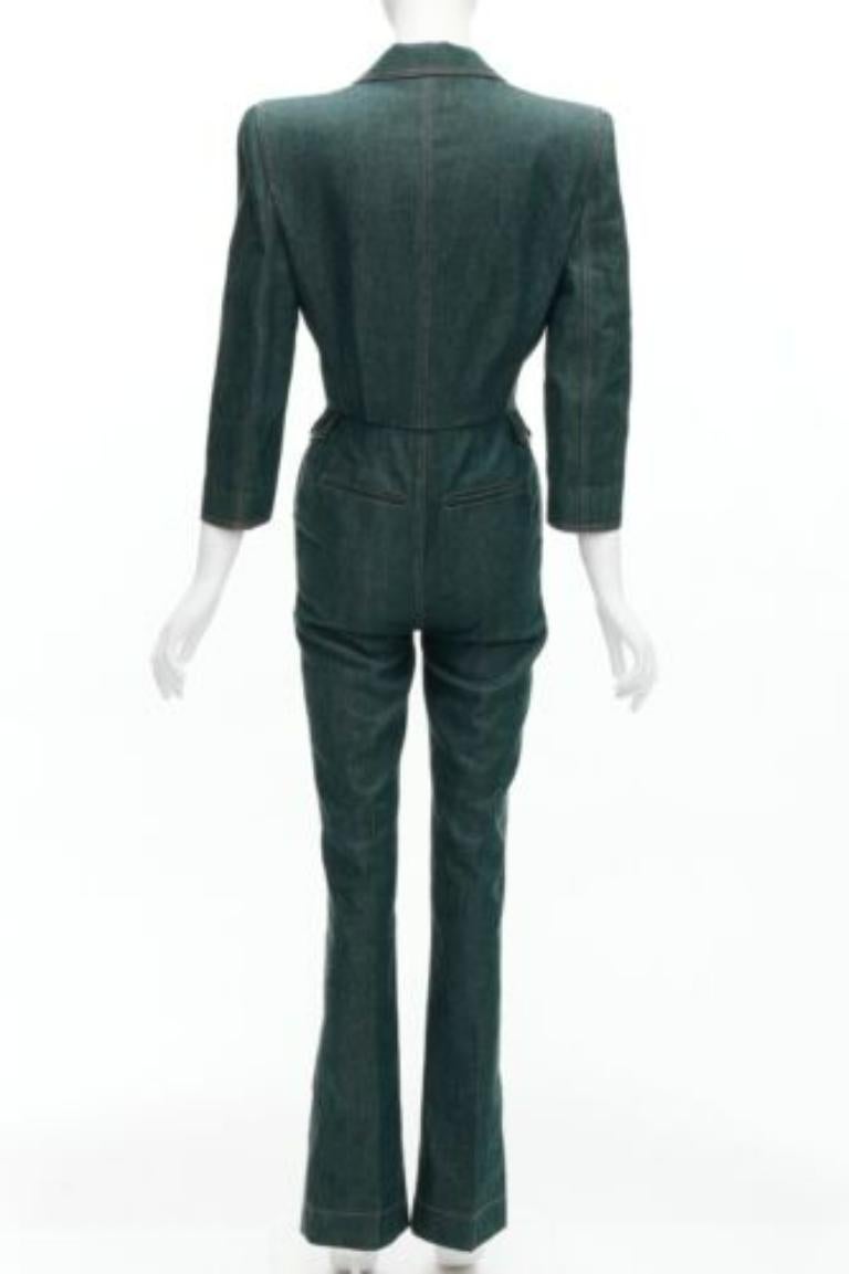 SAINT LAURENT 2022 Runway blue denim pocketed power shoulder jumpsuit FR34 XS For Sale 1