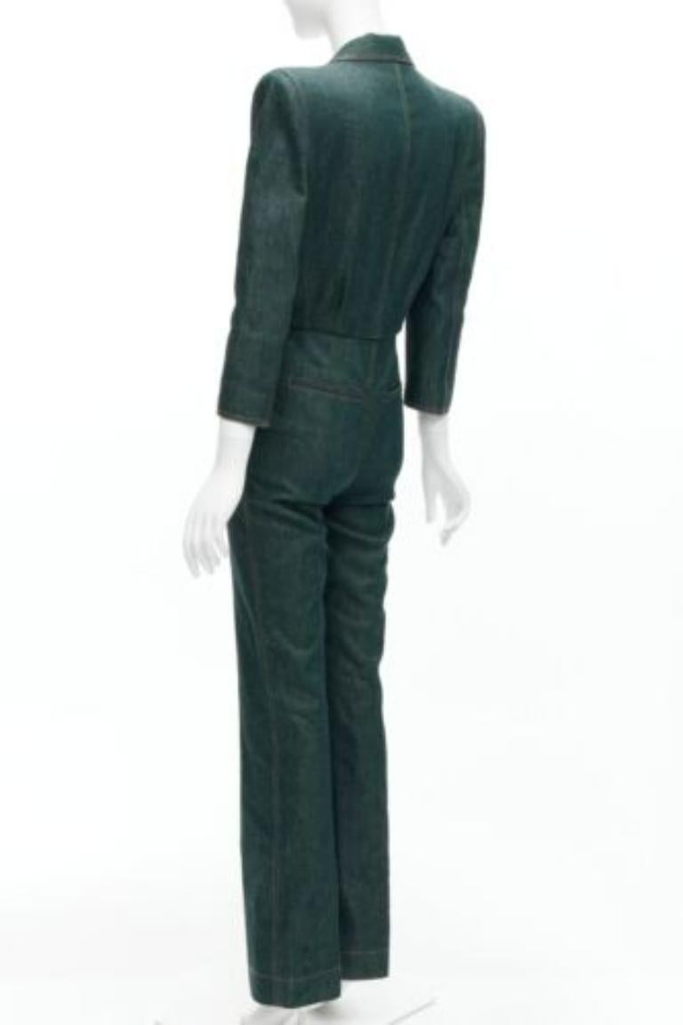 SAINT LAURENT 2022 Runway blue denim pocketed power shoulder jumpsuit FR34 XS For Sale 2