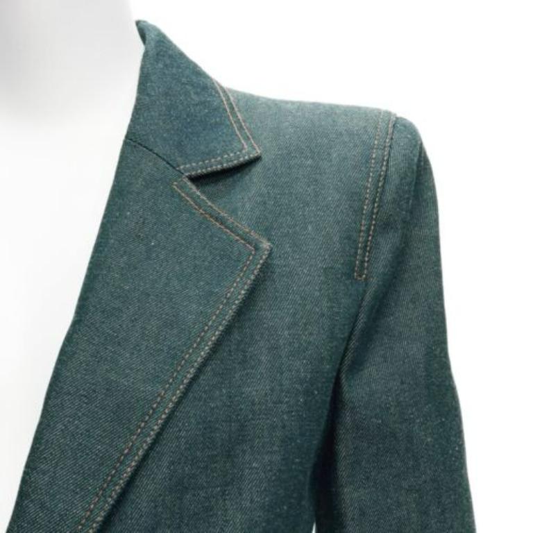 SAINT LAURENT 2022 Runway blue denim pocketed power shoulder jumpsuit FR34 XS For Sale 3