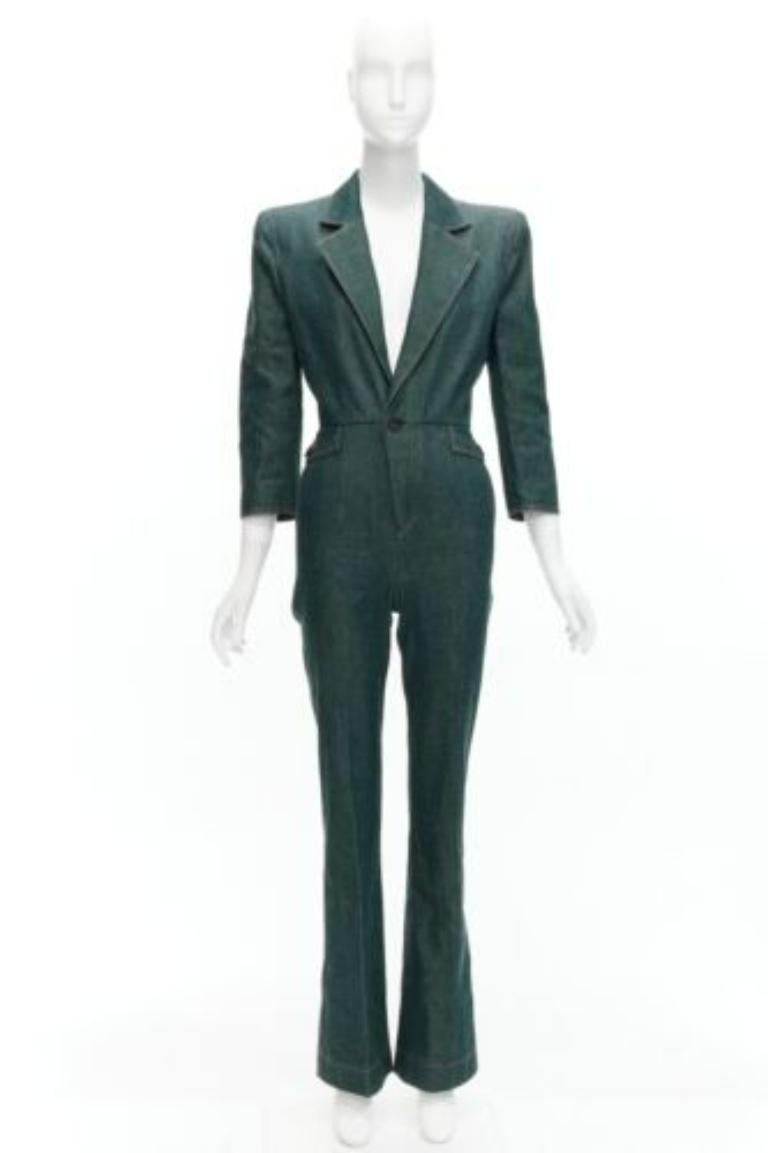 SAINT LAURENT 2022 Runway blue denim pocketed power shoulder jumpsuit FR34 XS For Sale 5