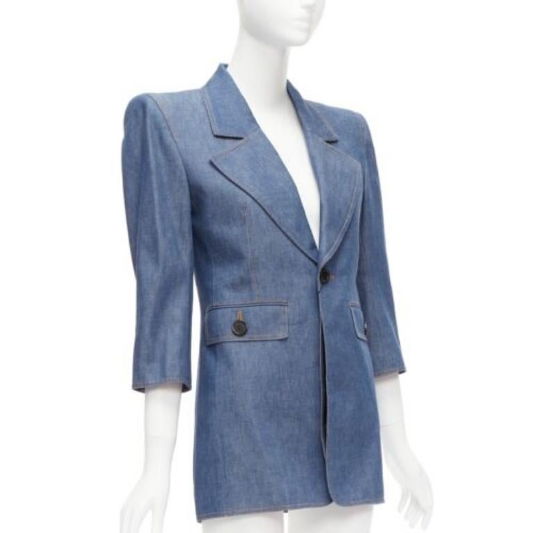 Gray SAINT LAURENT 2022 Runway blue denim Power shoulder blazer mini dress FR34 For Sale