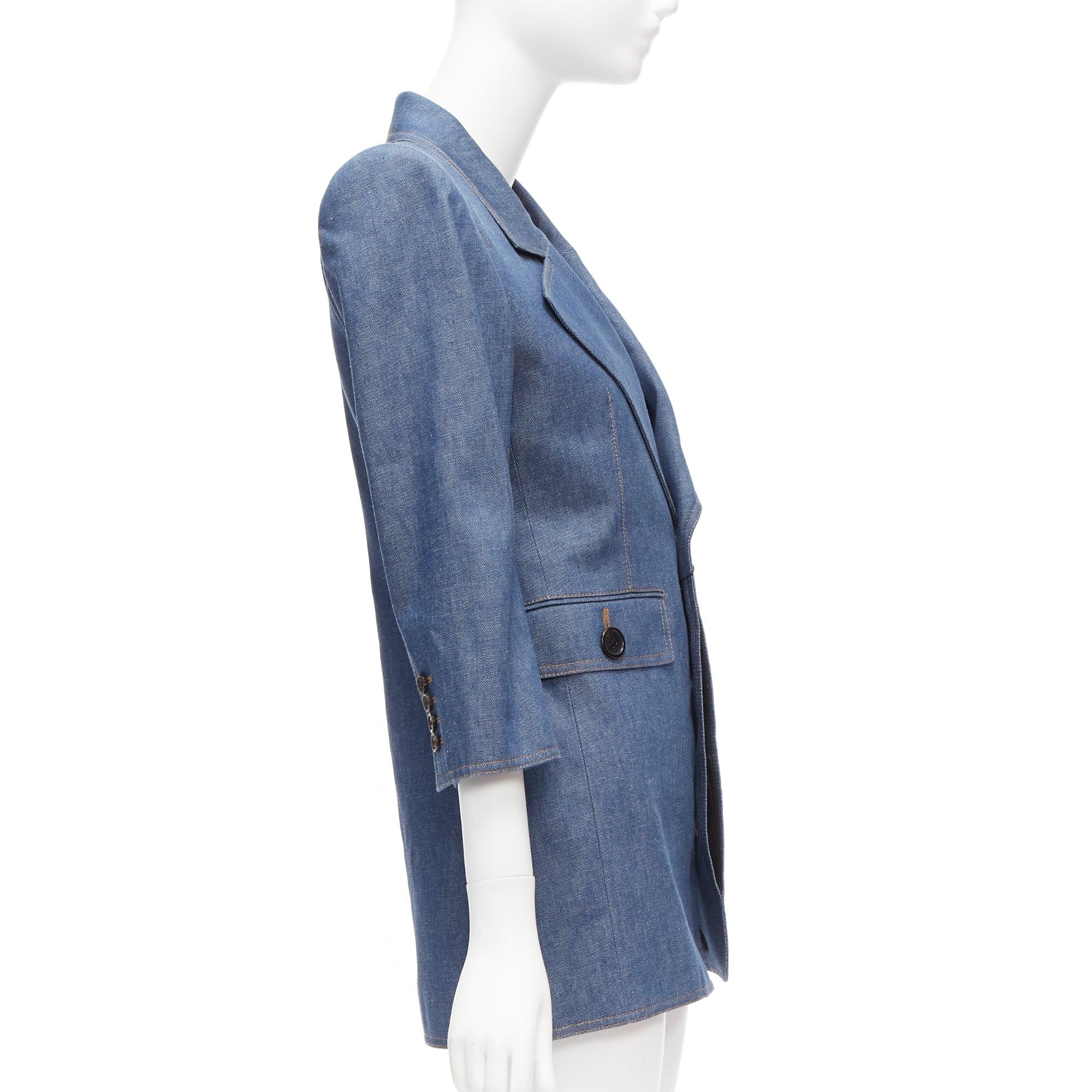 SAINT LAURENT 2022 Runway blue denim Power shoulder blazer mini dress FR34 For Sale 1