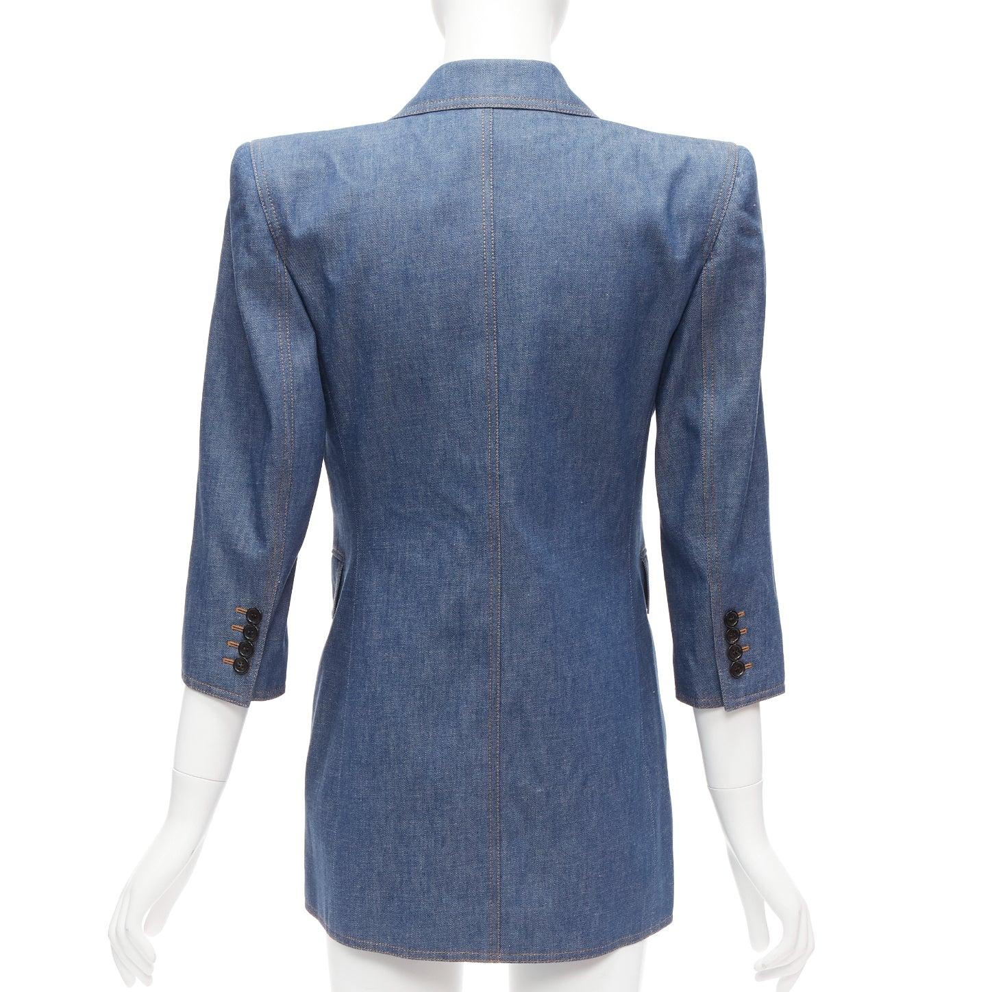 SAINT LAURENT 2022 Runway blue denim Power shoulder blazer mini dress FR34 For Sale 2
