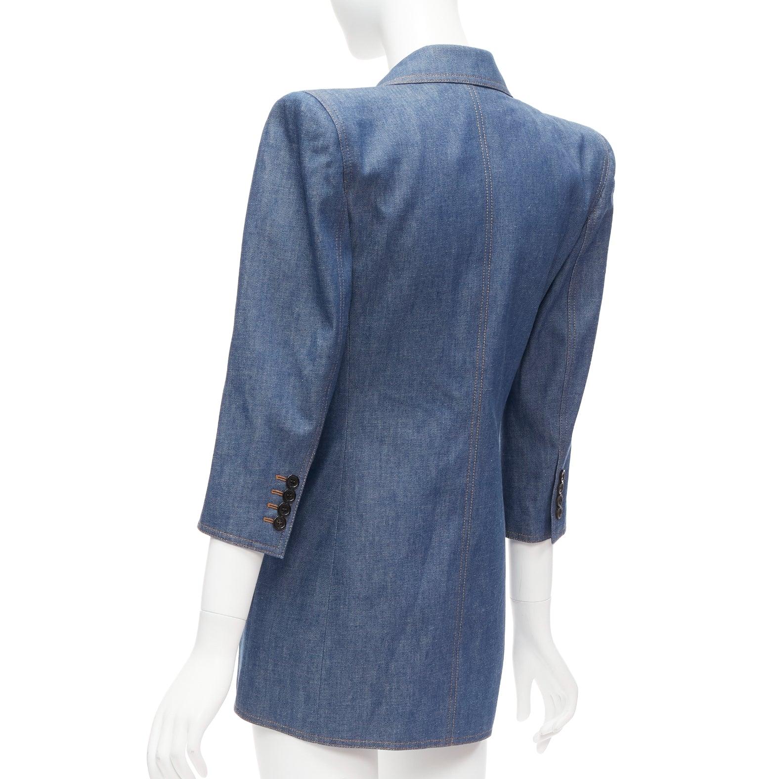 SAINT LAURENT 2022 Runway blue denim Power shoulder blazer mini dress FR34 For Sale 3