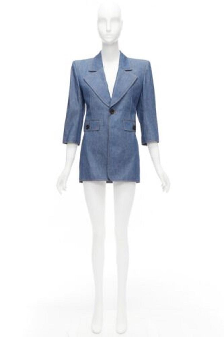 SAINT LAURENT 2022 Runway blue denim Power shoulder blazer mini dress FR34 For Sale 5