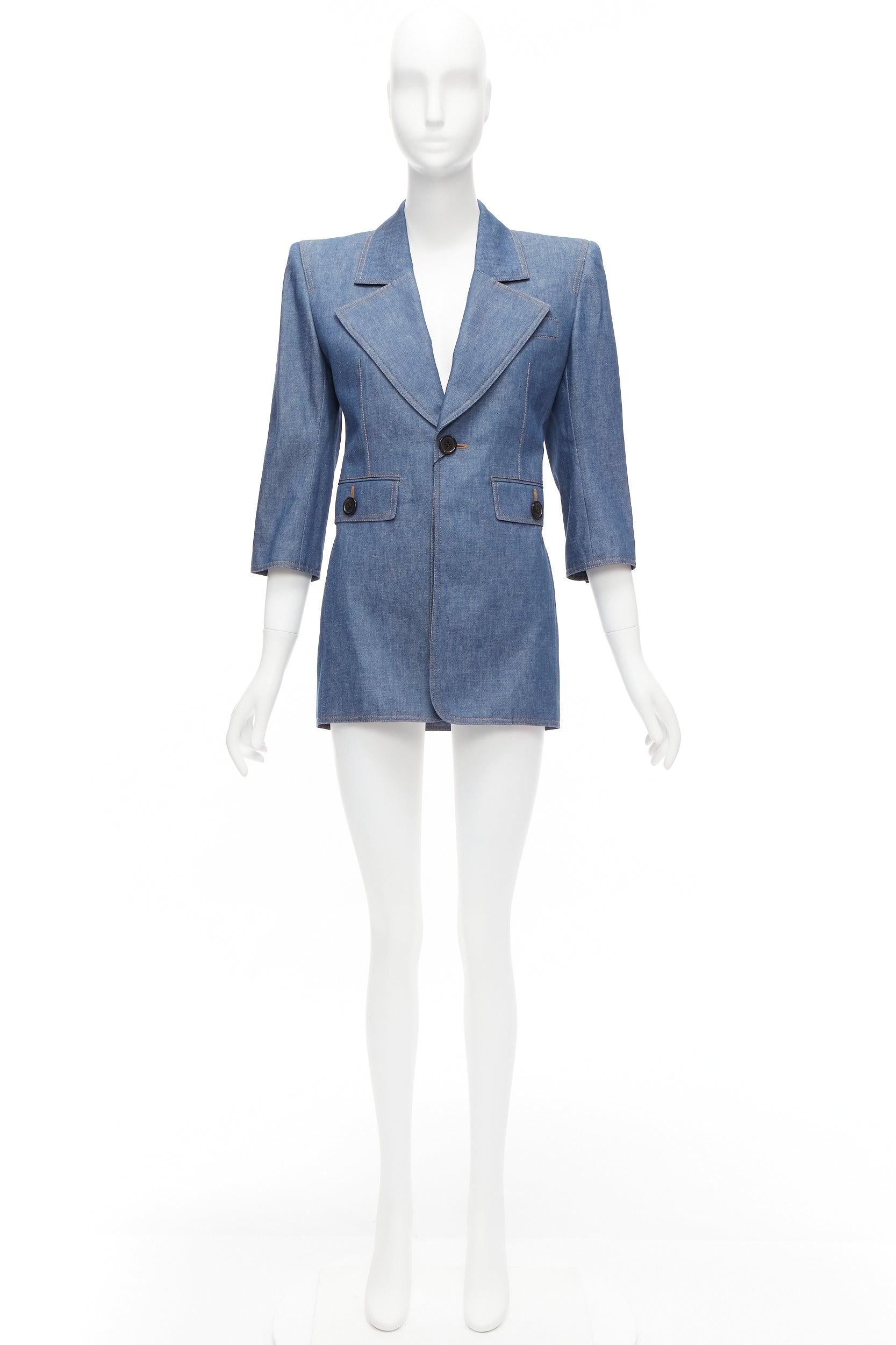 SAINT LAURENT 2022 Runway blue denim Power shoulder blazer mini dress FR34 For Sale 6