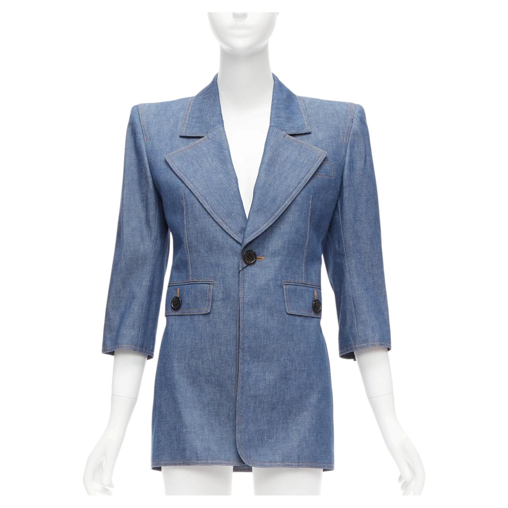 SAINT LAURENT 2022 Runway blue denim Power shoulder blazer mini dress FR34