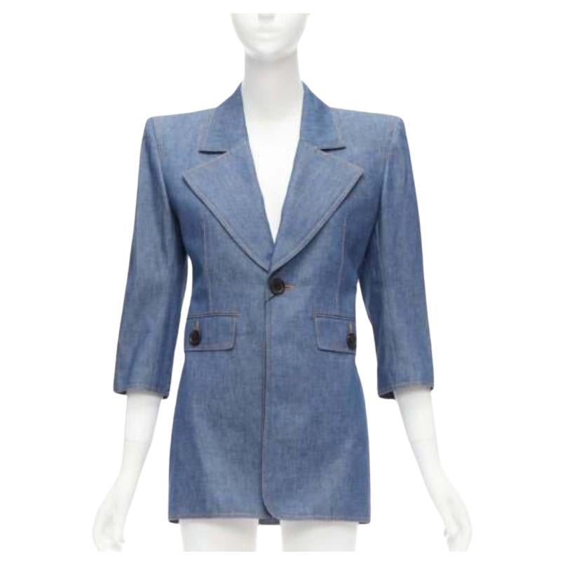 SAINT LAURENT 2022 Runway blue denim Power shoulder blazer mini dress FR34 For Sale