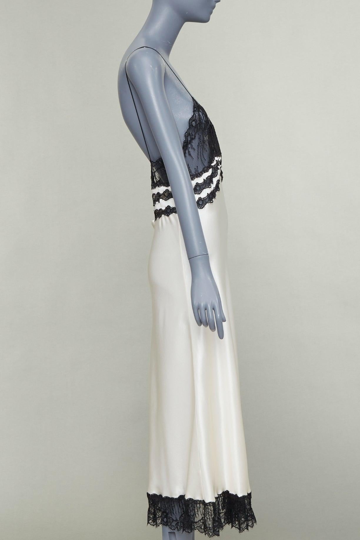 SAINT LAURENT 2022 Runway Bridal schwarzer Spitze elfenbeinfarbener Seide Satin Slip Kleid FR36 S Damen im Angebot