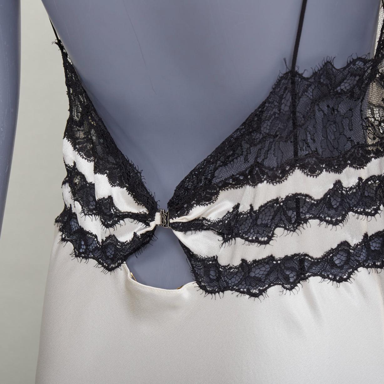SAINT LAURENT 2022 Runway Bridal schwarzer Spitze elfenbeinfarbener Seide Satin Slip Kleid FR36 S im Angebot 4