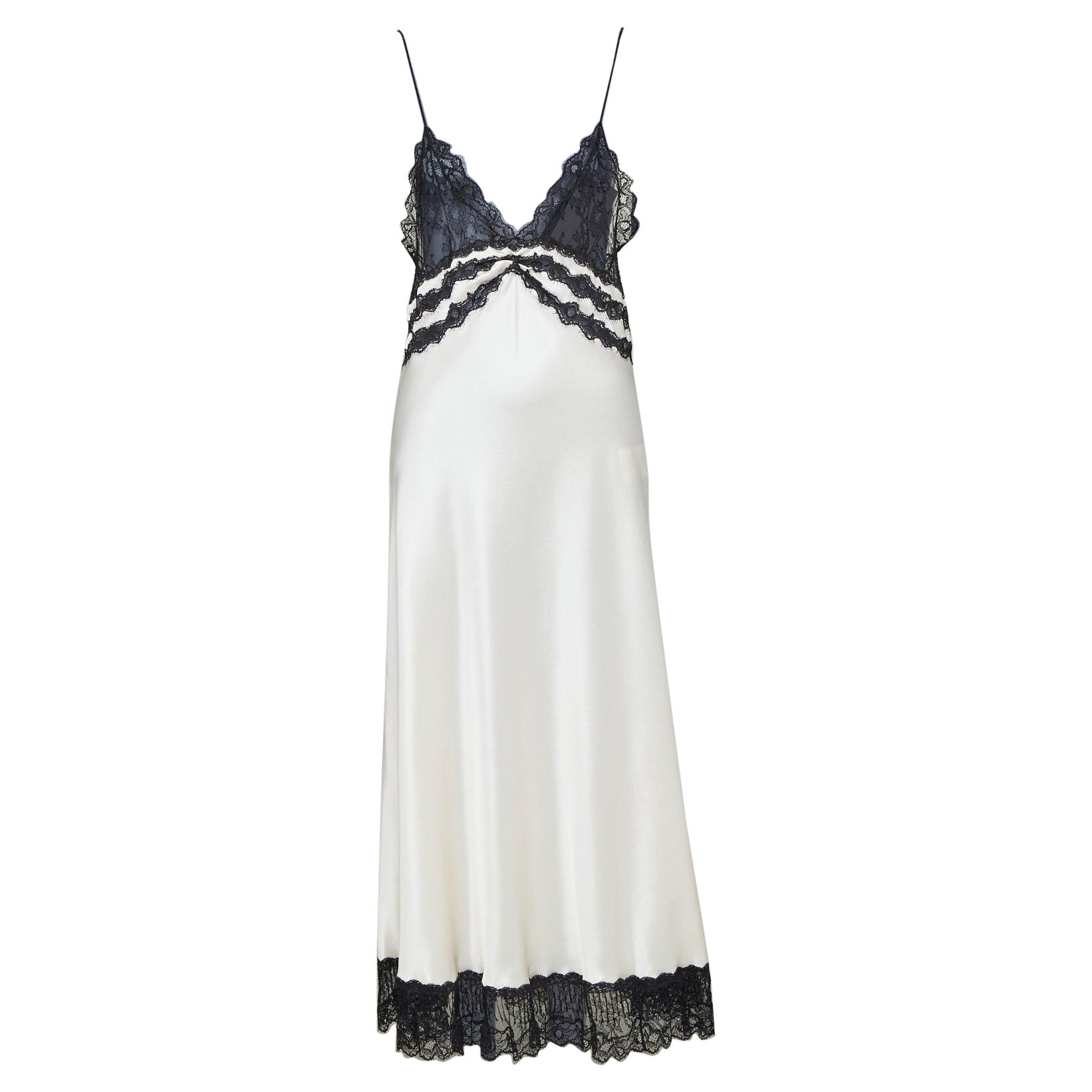 SAINT LAURENT 2022 Runway Bridal black lace ivory silk satin slip dress FR36 S