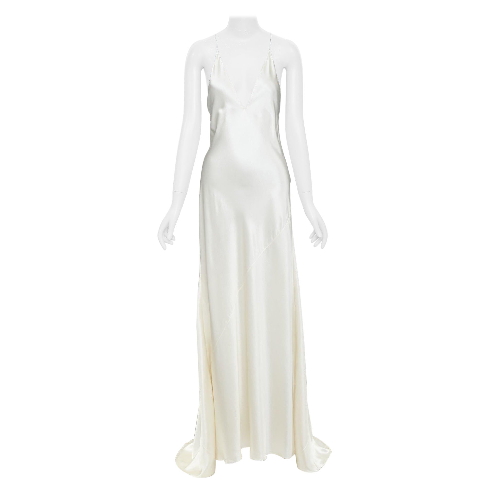 SAINT LAURENT 2022 Runway Bridal ivory silk satin plunge bias cut gown FR34 XS