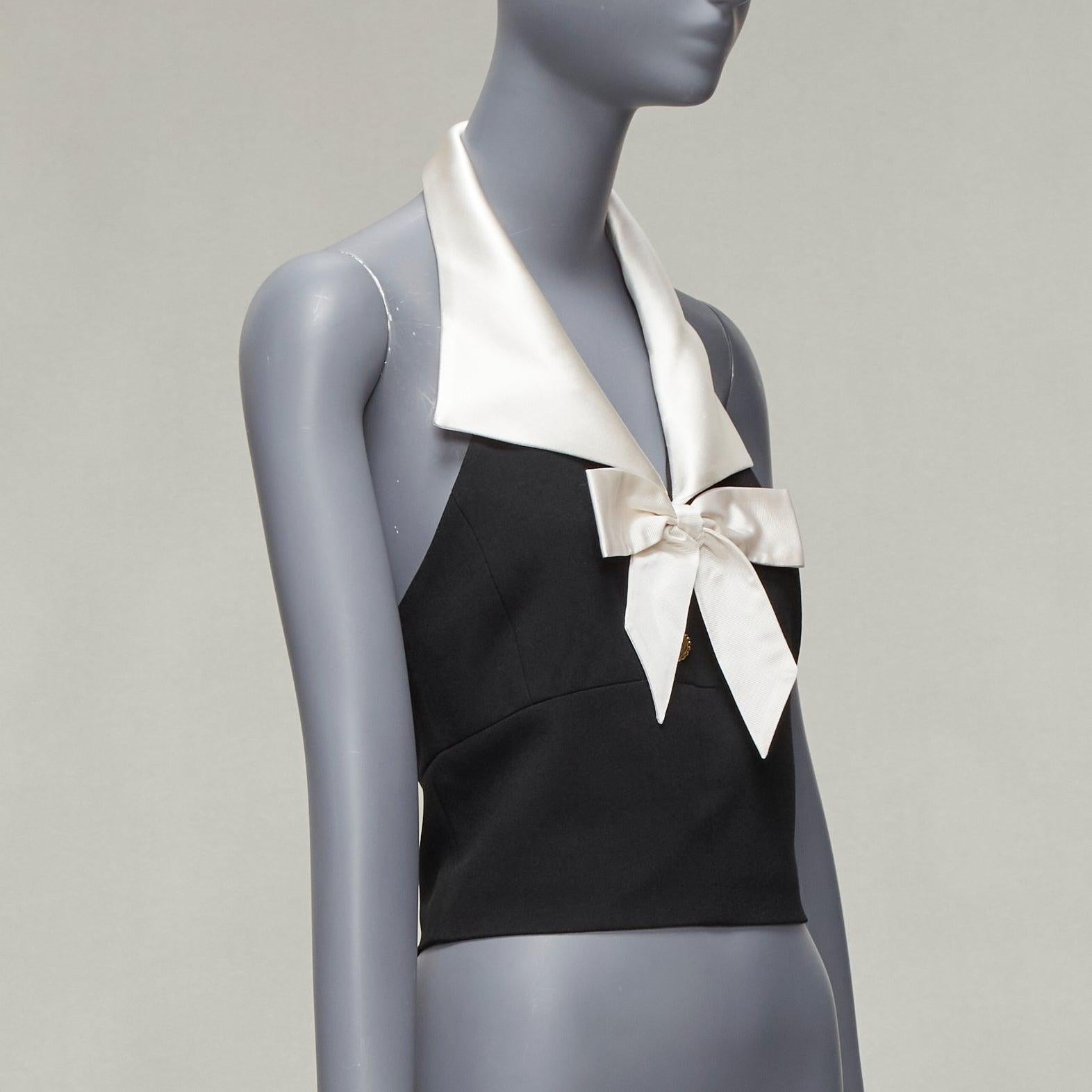 Women's SAINT LAURENT 2022 Runway cream silk halter collar bow black cropped top FR38 M For Sale