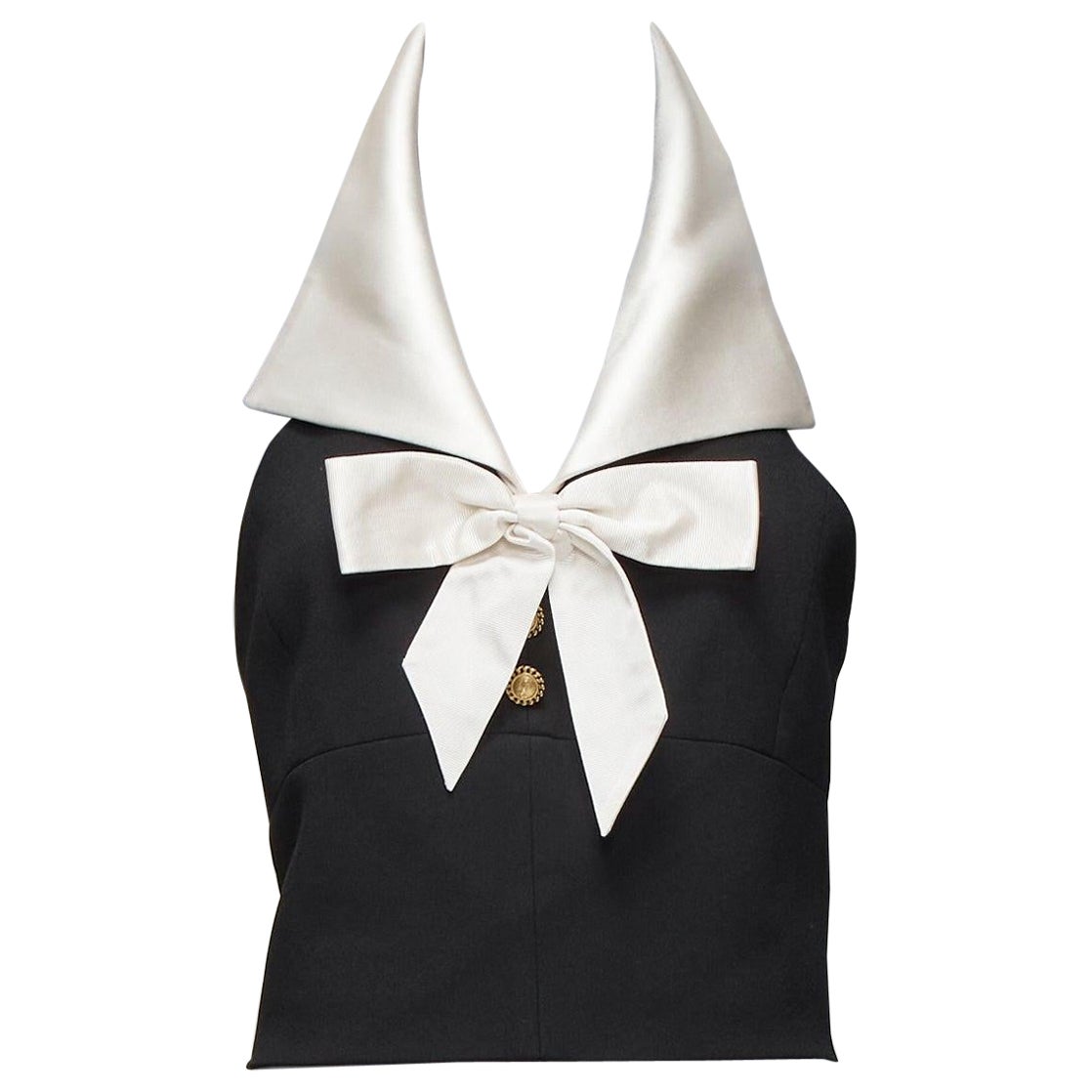 SAINT LAURENT 2022 Runway cream silk halter collar bow black cropped top FR38 M