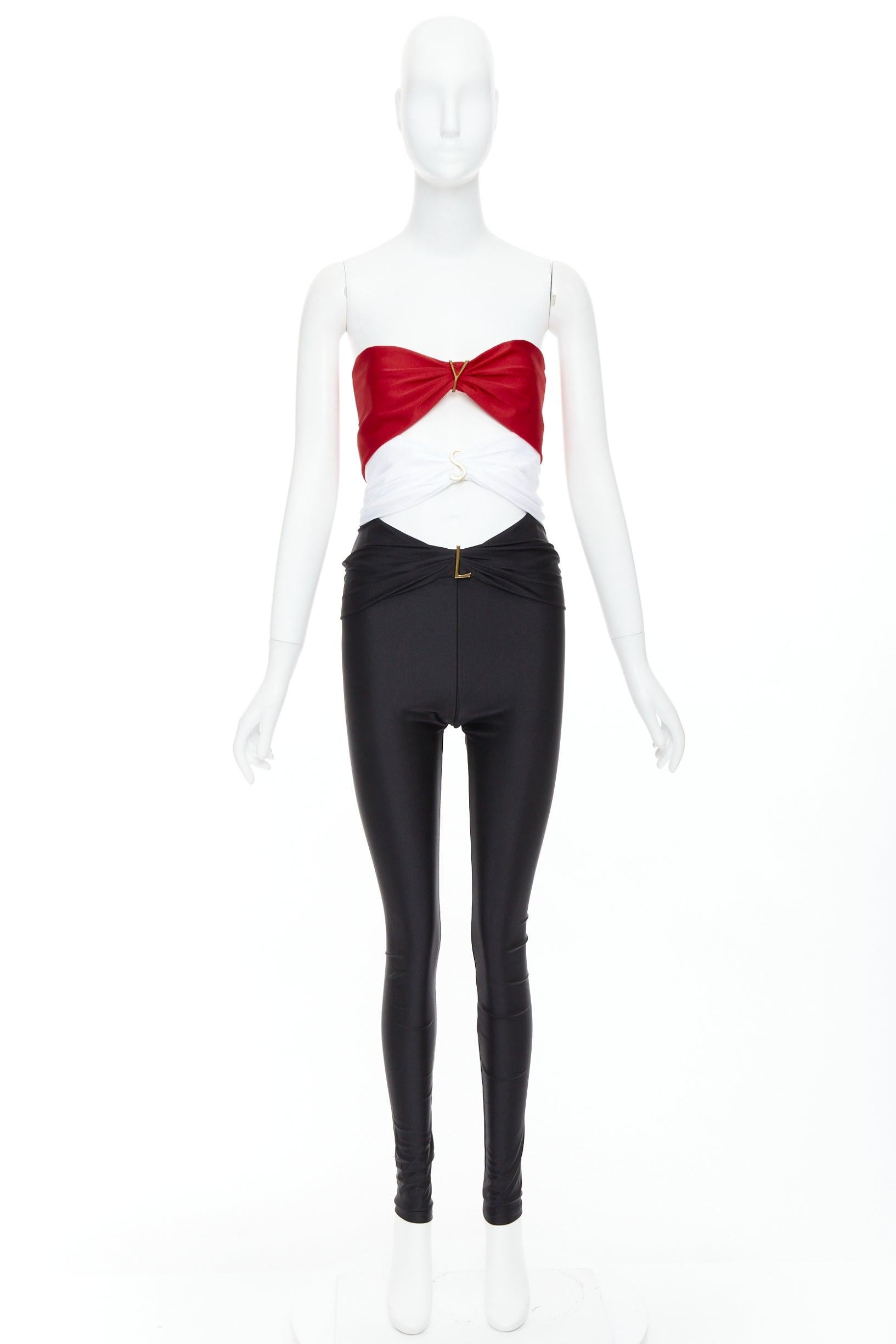 SAINT LAURENT 2022 Runway cutout bandeau red black YSL logo catsuit Sz.2 M en venta 5